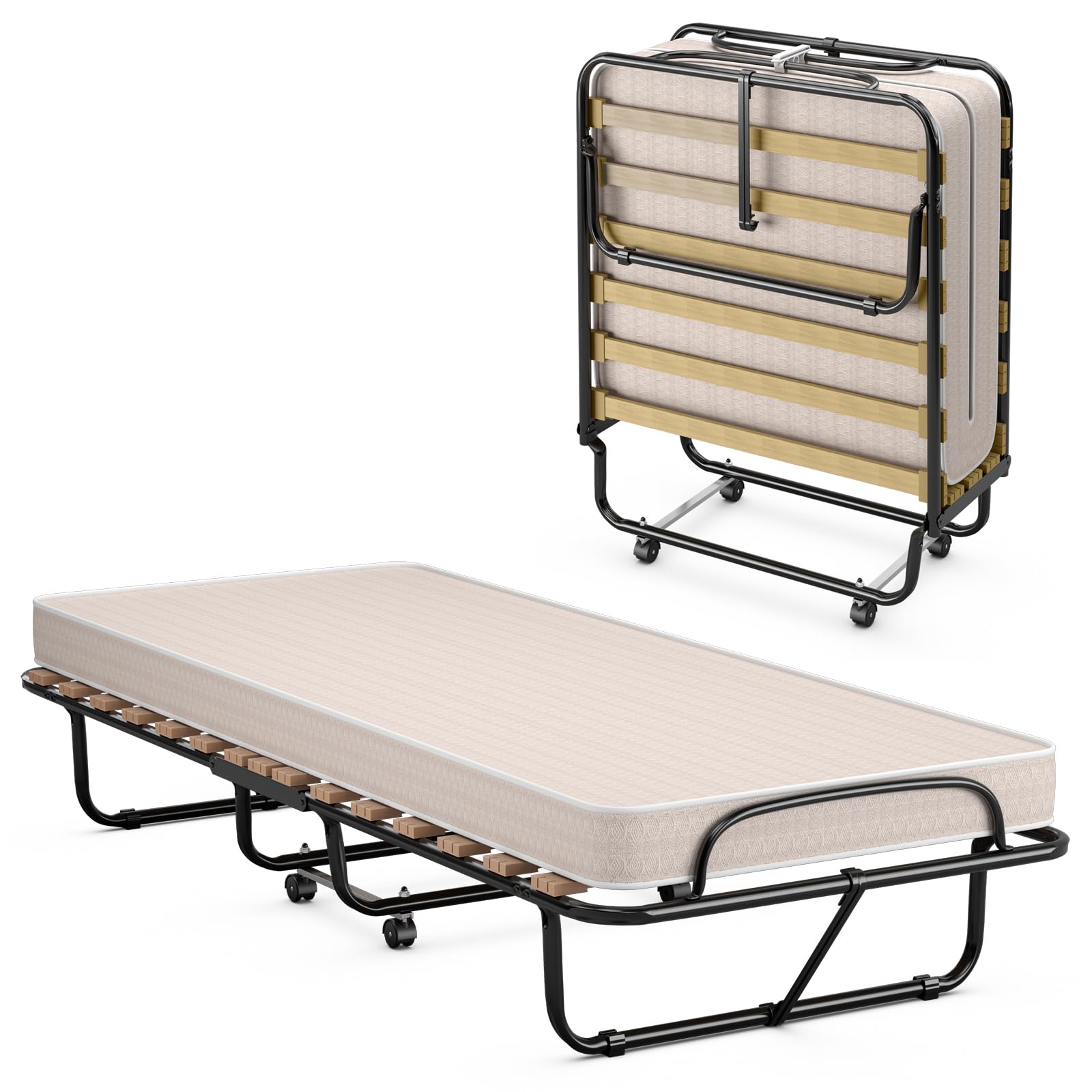 COSTWAY Brandina Pieghevole con Materasso, in Memory Foam, Struttura Resistente e 4 Ruote Girevoli, Lettino Pieghevole per Casa Ufficio, 190x80x33 cm (Beige)