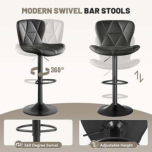 Miniatura 4 de Juego de 2 taburetes de bar, modernos taburetes de bar giratorios ajustables de piel sintética, sillas de altura de mostrador con respaldo y