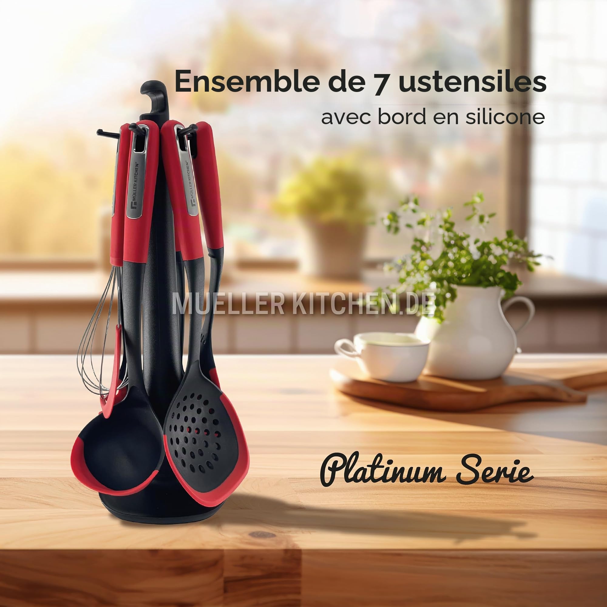 Muller Kitchen MK-1611 Kitchen Utensil Set (7-Piece with Silicone Edges, 360° Rotating Stand, Ergonomic Rubber and Stainless Steel Handles, for Nonstick Cookware)