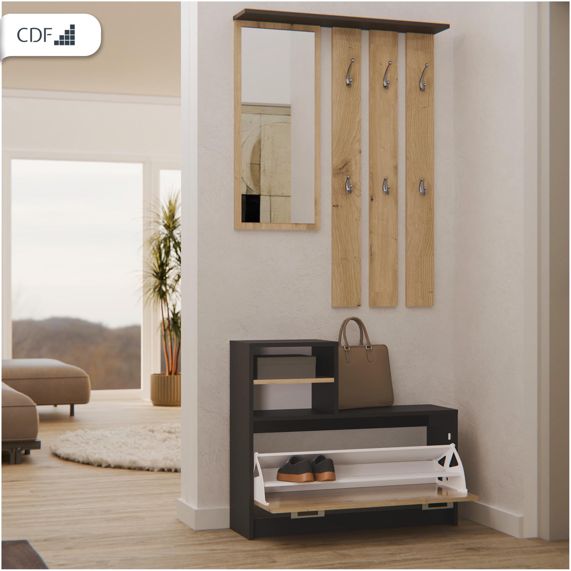 CDF Garderobe-Set Flurmöbel mit Spiegel und Schuhschrank 85x24x180 cm Anthrazit/Eiche Artisan