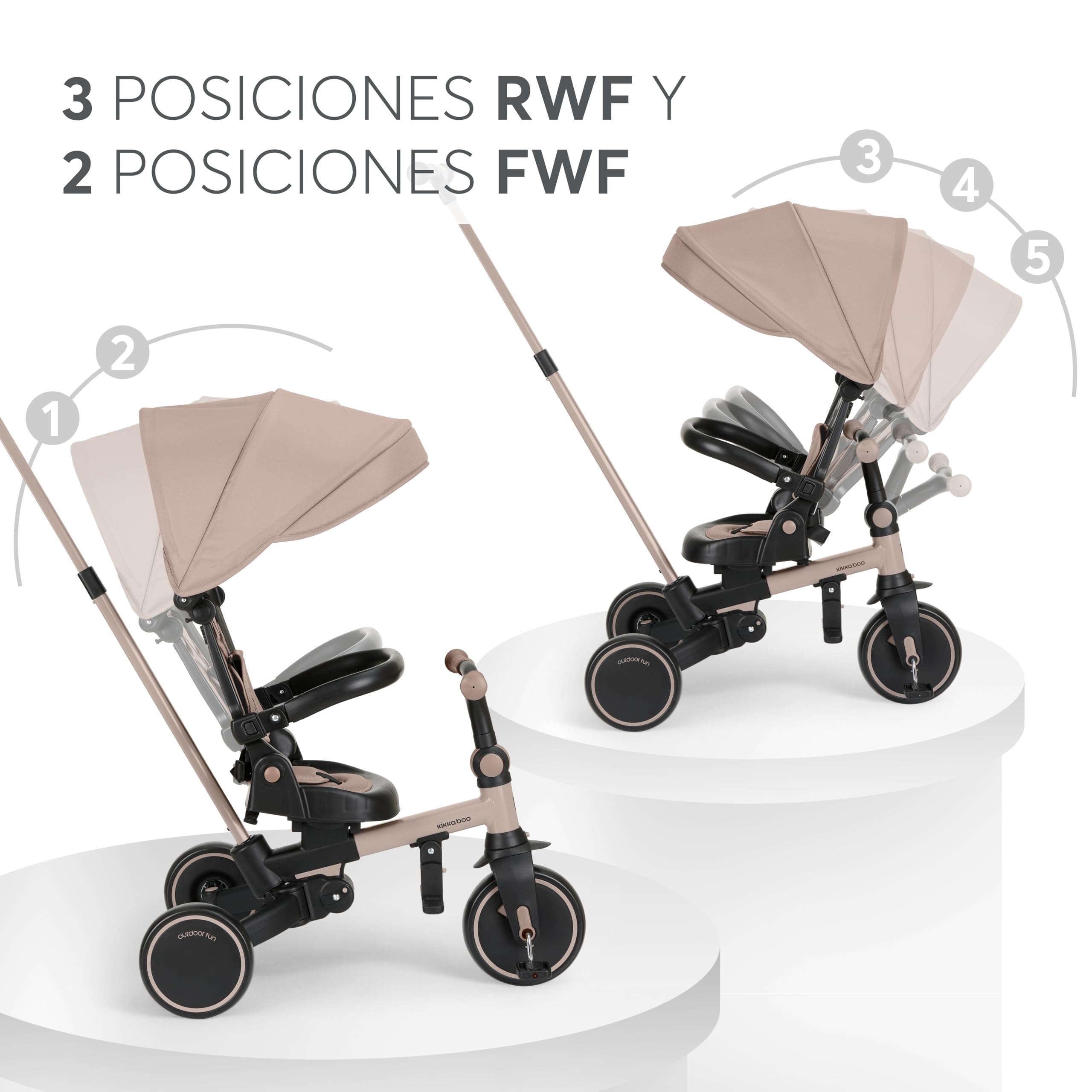 KikkaBoo Triciclo Evolutivo ALUMA 8 en 1, Triciclo Bebé Plegable con Manillar Padres, Asiento Reversible, Capota Ajustable, Arnés 5 Puntos, Marco Aluminio Beige — view 7