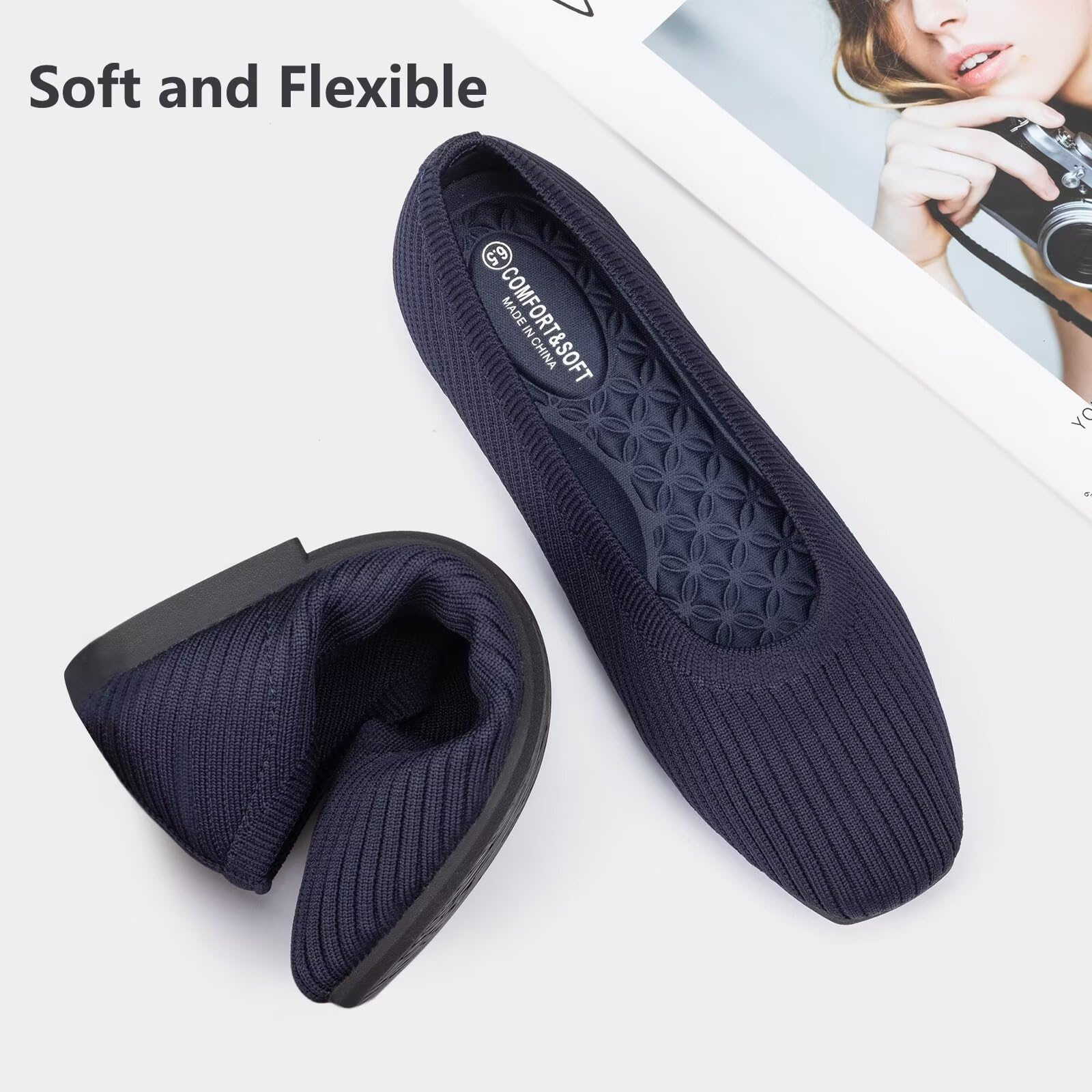 Frank Mully Ballerine da donna con punta quadrata, comode e lavabili, scarpe da lavoro