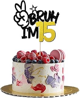 Black Glitter Bruh I'm 15 Cake Topper - boy 15 cake topper,boy 15th birthday decorations (black gold 15)