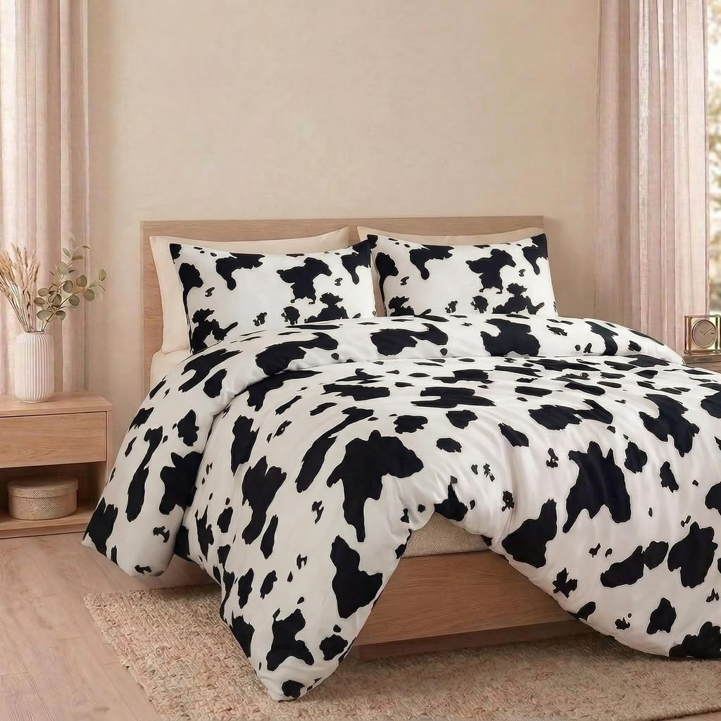 100% Cotton Duvet Cover King Size, Black and White Cow Print Bedding Set with Zipper Closure, Farmhouse Soft Breathable Comforter Cover with 2 Pillowcases for All Seasons