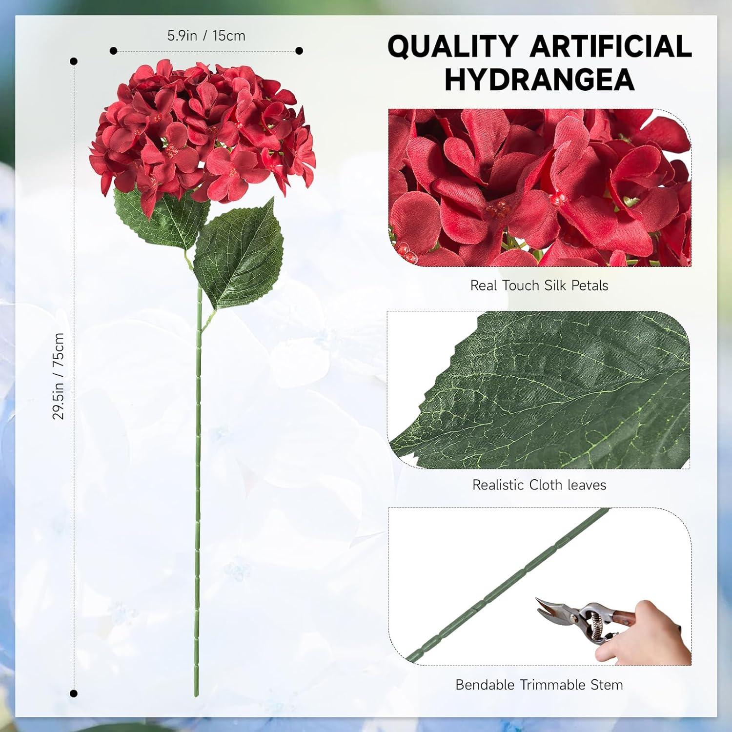 6 PCS Artificial Hydrangea Flowers, Faux Silk Hydrangea with Long Stems, Home Wedding Decor, Table Centerpieces, Party Decorations (Brilliant Red) - Image 3