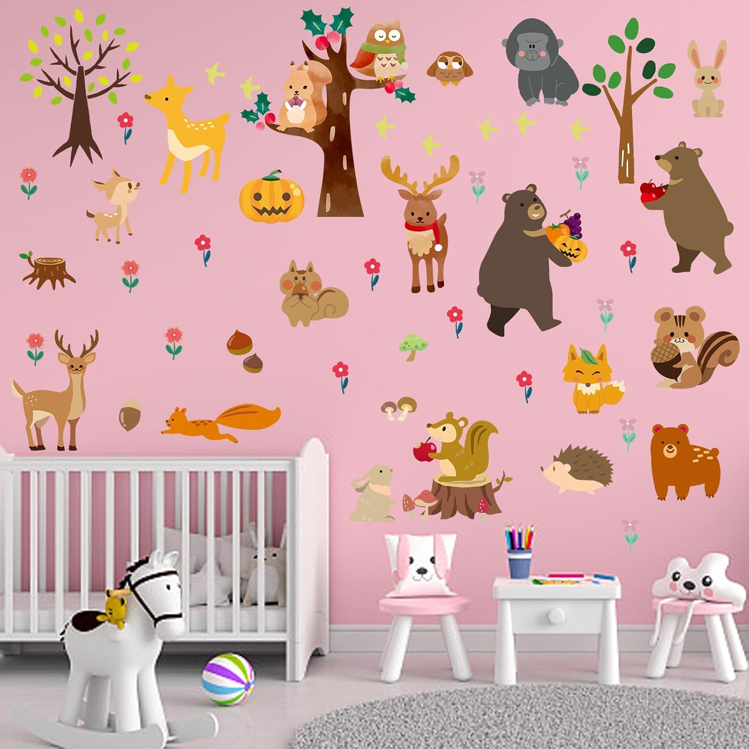 Calcomanías De Pared De Animales De Selva De Acuarela, Calcomanías De Pared  De Animales Del Bosque, Mapache, Ciervo, Zorro, Erizo, Calcomanías De Pared  Para Decoración De Guardería, Puerta, Oficina, image size:1500x1500