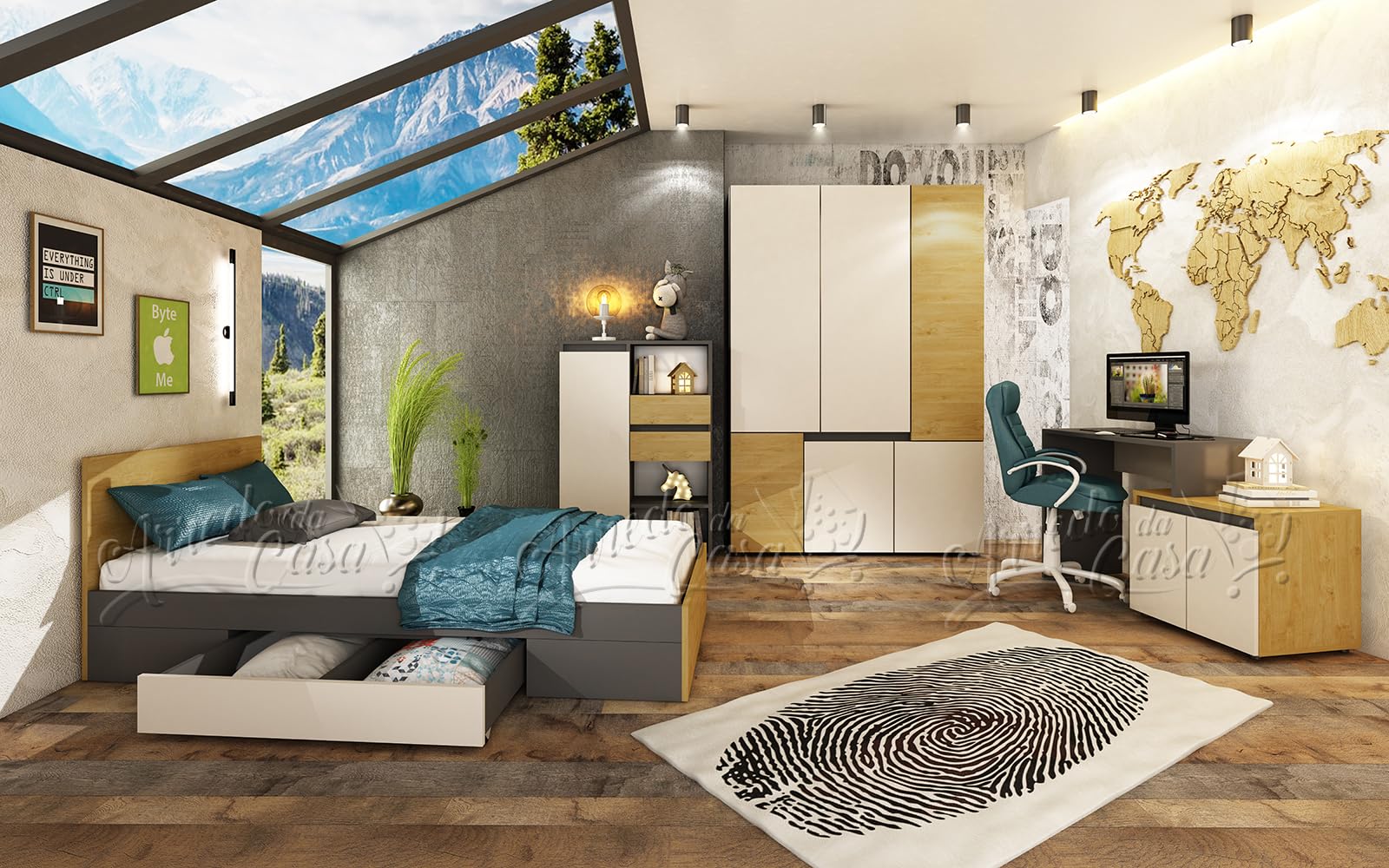 ARREDO DA CASA Cameretta Completa Moderna con Letto con Cassetti 90x200 cm, Mobiletto, Armadio, Scrivania con Box, Ante Soft-close, Grafite, Rovere Chiaro e Beige CCU21 (Solo cameretta)