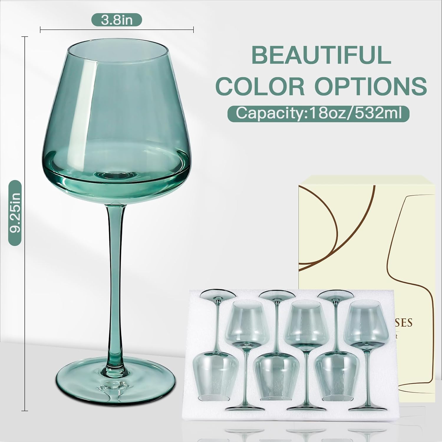 Green Wine Glasses Set of 6, Hand Blown Large Colorful Wine Glass 18Oz, Lead-Free Premium Crystal Long Stem Green and Thanksgiving Wine Glass, Daily Use, Valentine's Day and New Year gifts - Image 5