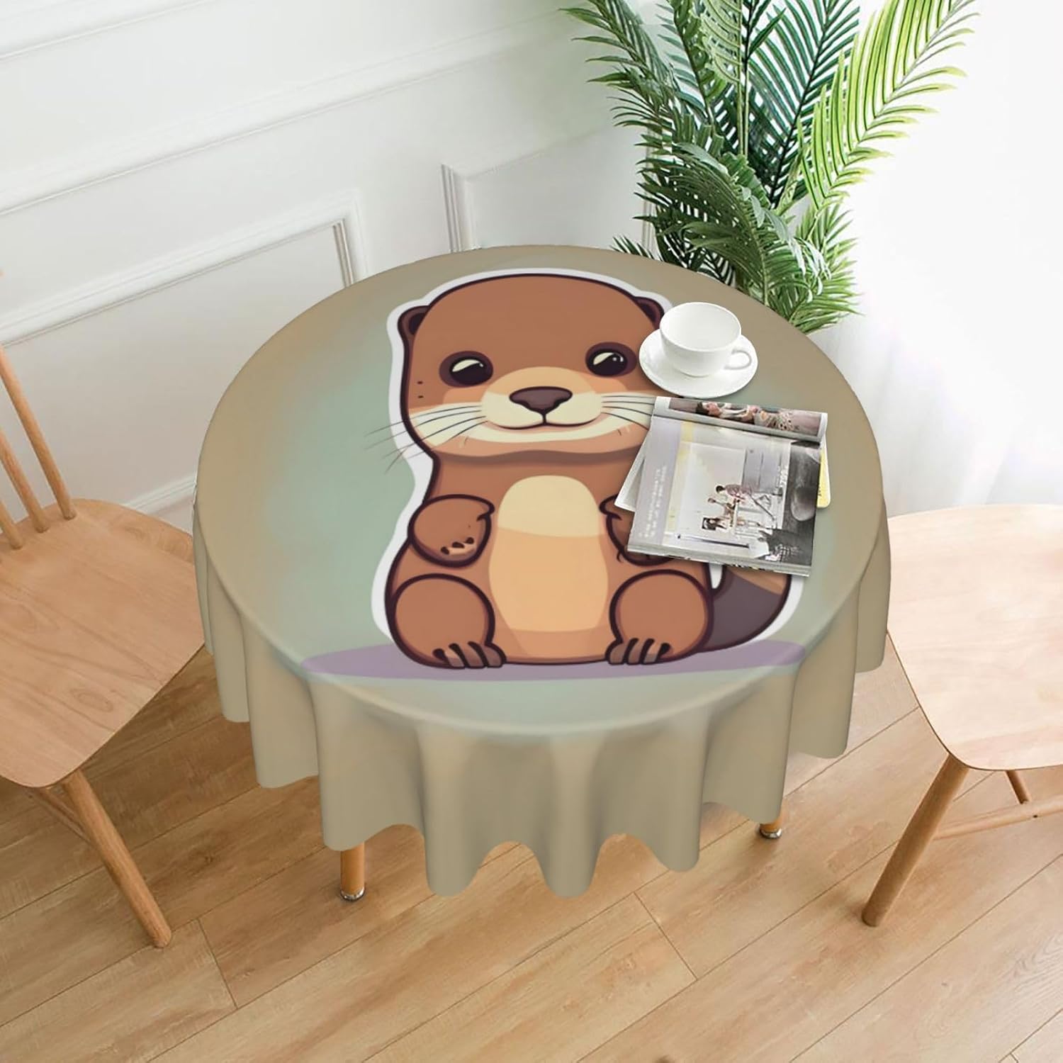 Cartoon Cute Otter Print Wrinkle Free Dining Table Cover for Birthday Party Farmhouse Tablecloths Up to 60 x 60 Inches