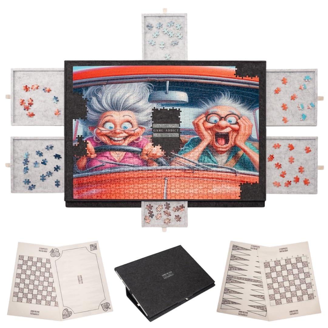 Table Puzzle avec 2 Tapis de Jeux-Échecs Dames Backgammon Cartes-Support en Feutre Inclinable avec Bordures, 6 Tiroirs de Rangement, Fermeture par Couvercle et Sangle pour Puzzle Jusqu’à 1000 Pièces