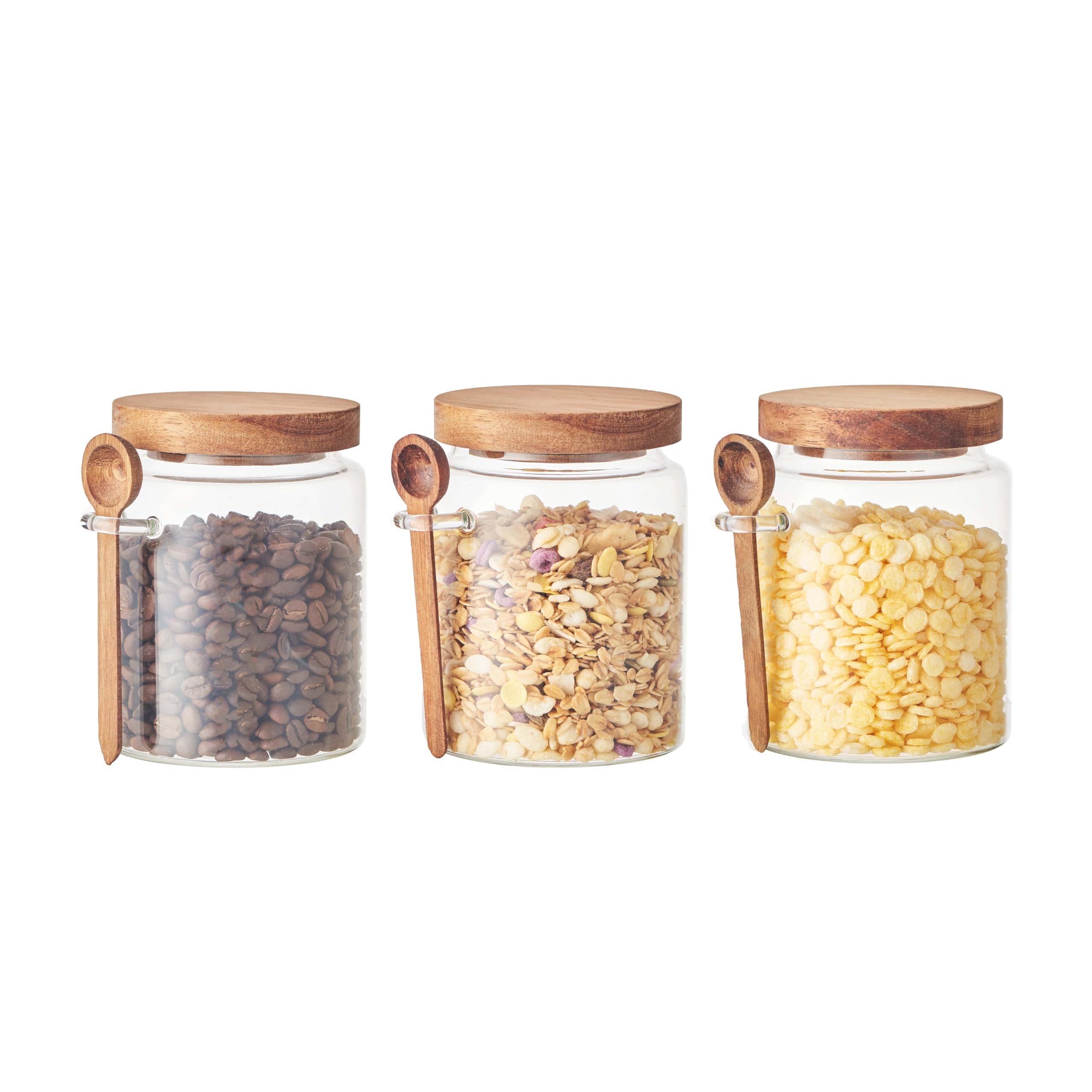 Eden & Willow Glass Kitchen Storage Jar with Acacia Lid and Wooden Spoon | Borosilicate Glass Food Canister with Spoon Holder | BPA-Free Mason Jar for Sugar, Spices, and Dry Foods (3, 0.6L)