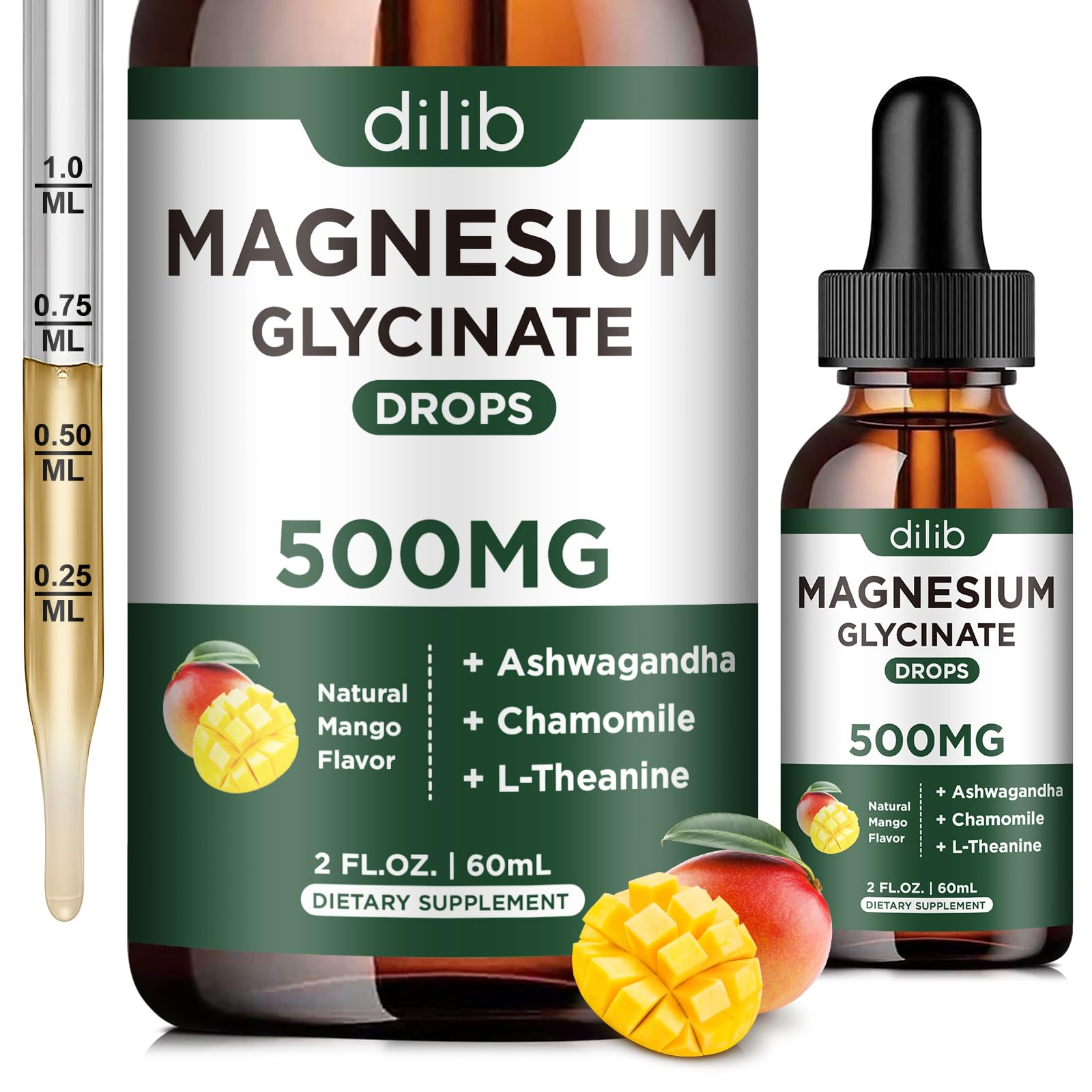 Magnesium Glycinate Supplement, Magnesium Liquid Drops with Magnesium Glycinate 500mg Ashwagandha, L - Theanine, Chamomile -Support Stress Relief, Bone, Muscle, Mood Vegan Natural Mango Flavor Mango 2 Fl Oz (Pack of 1)