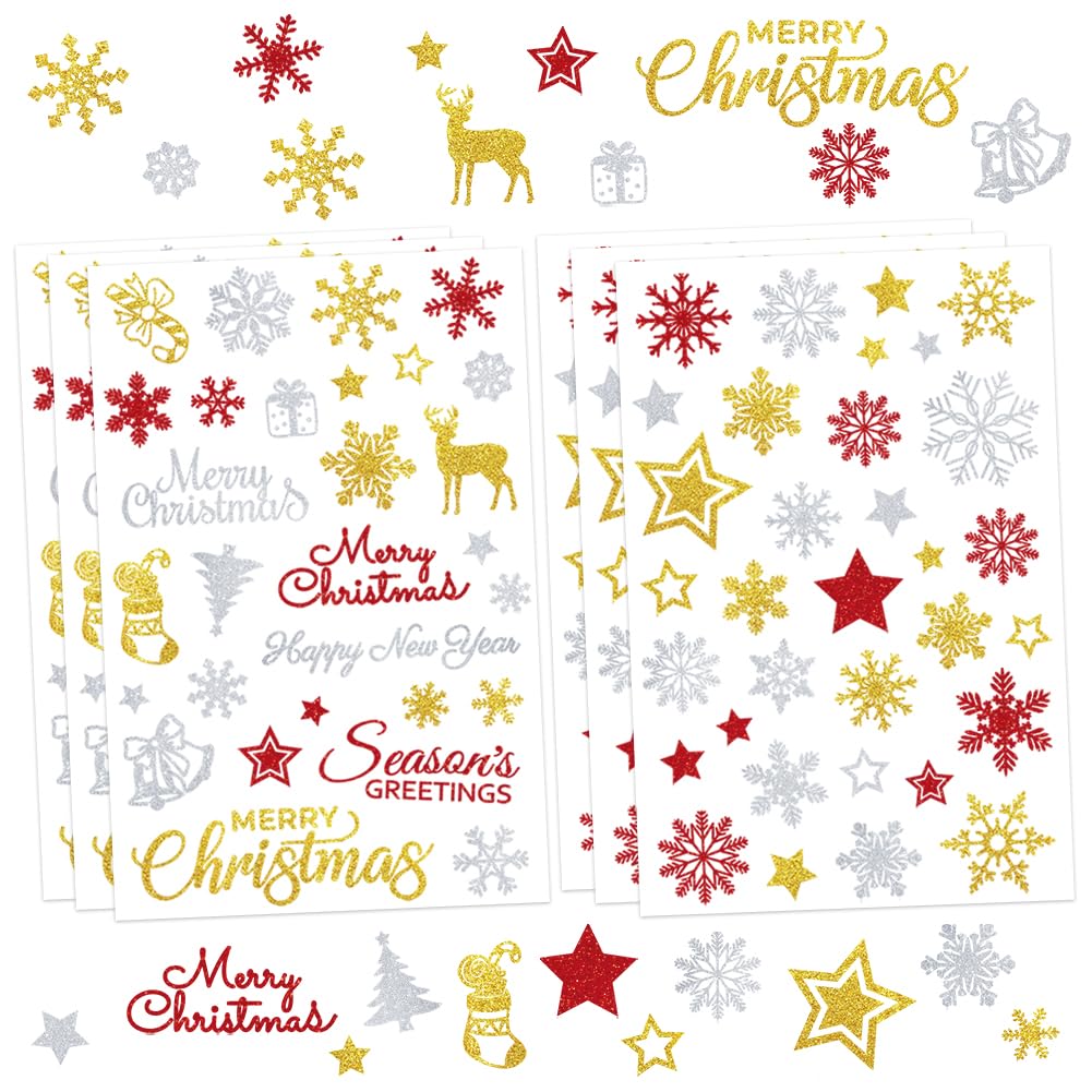 6 Sheets Glitter Merry Christmas Stickers for Crafts, Card Making