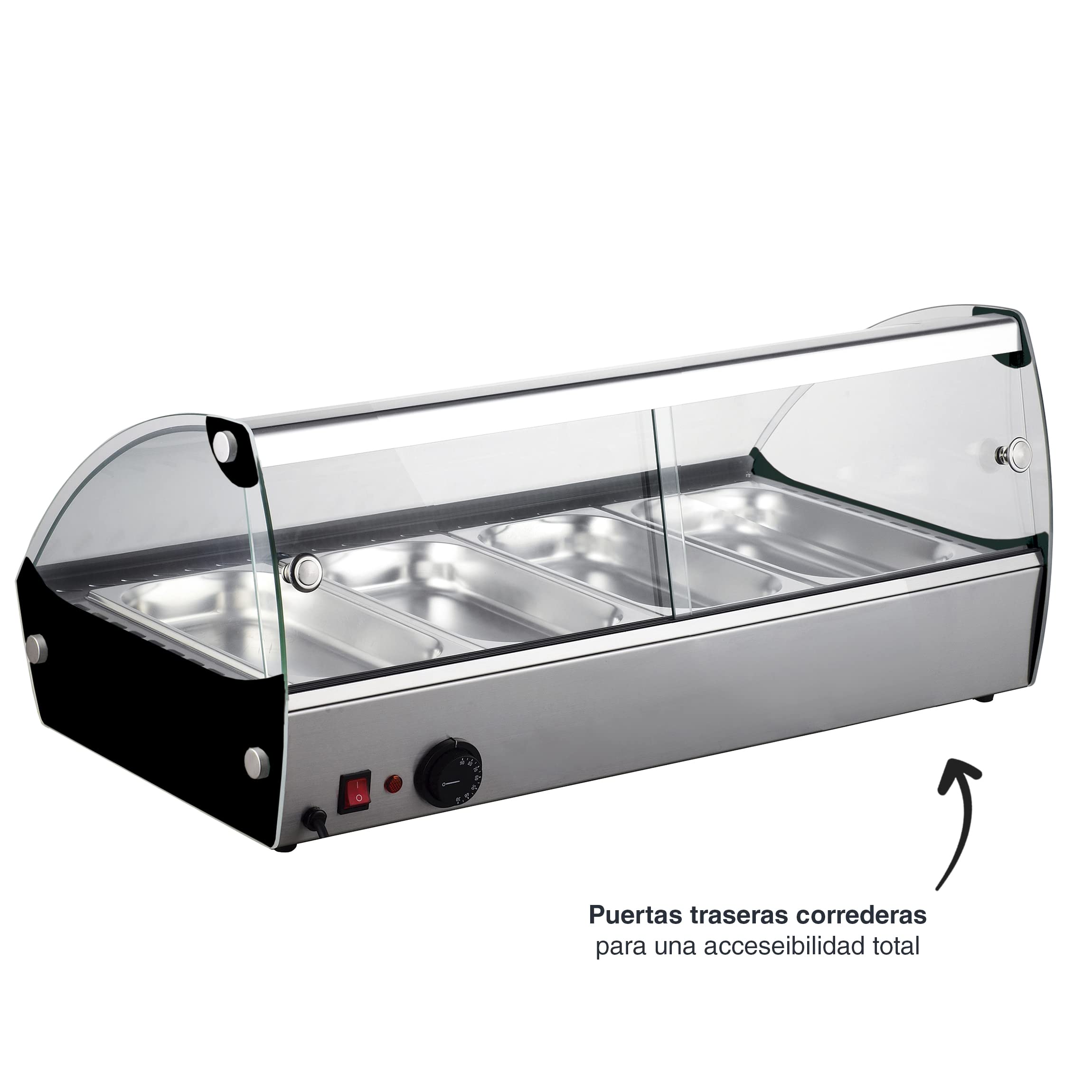 Lacor - 69602 - Vitrina Térmica, Expositor de Alimentos, Cristal y Acero Inoxidable, 500 W, Capacidad: 4xGN 1/3, Termostato Regulable: 30ºC - 90ºC