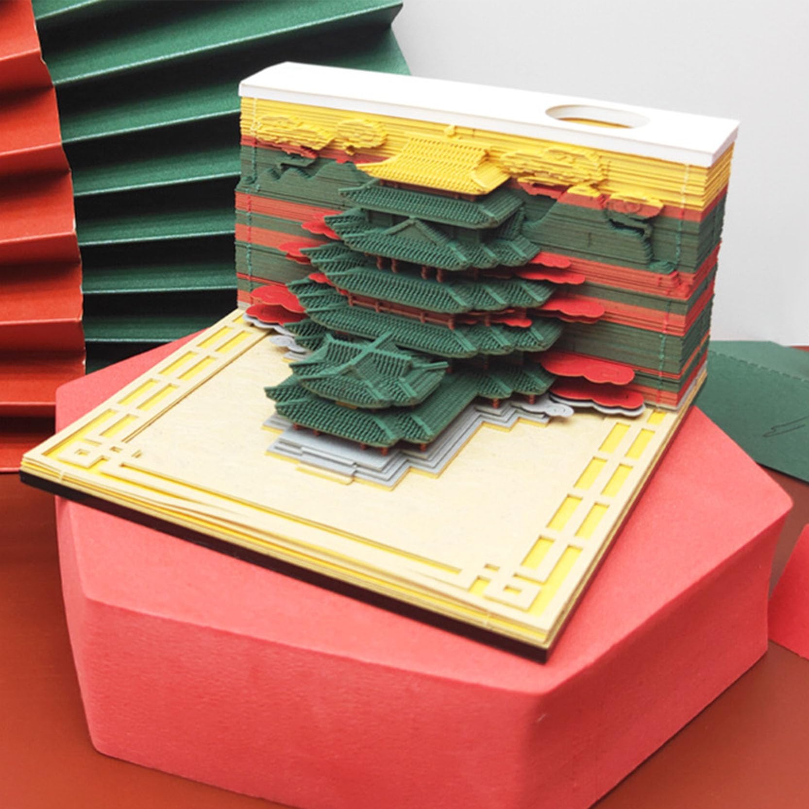 Abreißkalender 2024, Notizblock, 3D-Notizblock, Papierkunst-Notizblock, kreativer Hong'en-Pavillon, antike Architektur, abreißbarer DIY-Schreibtisch-Notizblock, Postnotizen for Büro/Zuhause, 9 x 9 x 5