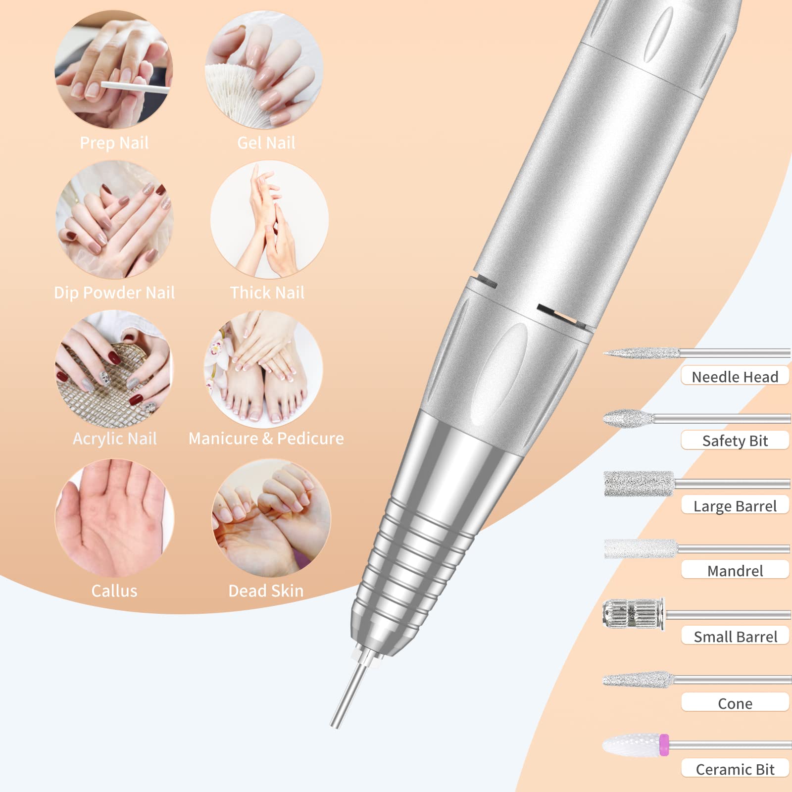 MOCOWIND Portable Nail Drill Professional 35000 RPM, Rechargeable Electric Nail File Machine Cordless E-File for Acrylic Gel Polishing Removing with Bits Kit for Manicure Salon Home,: Black