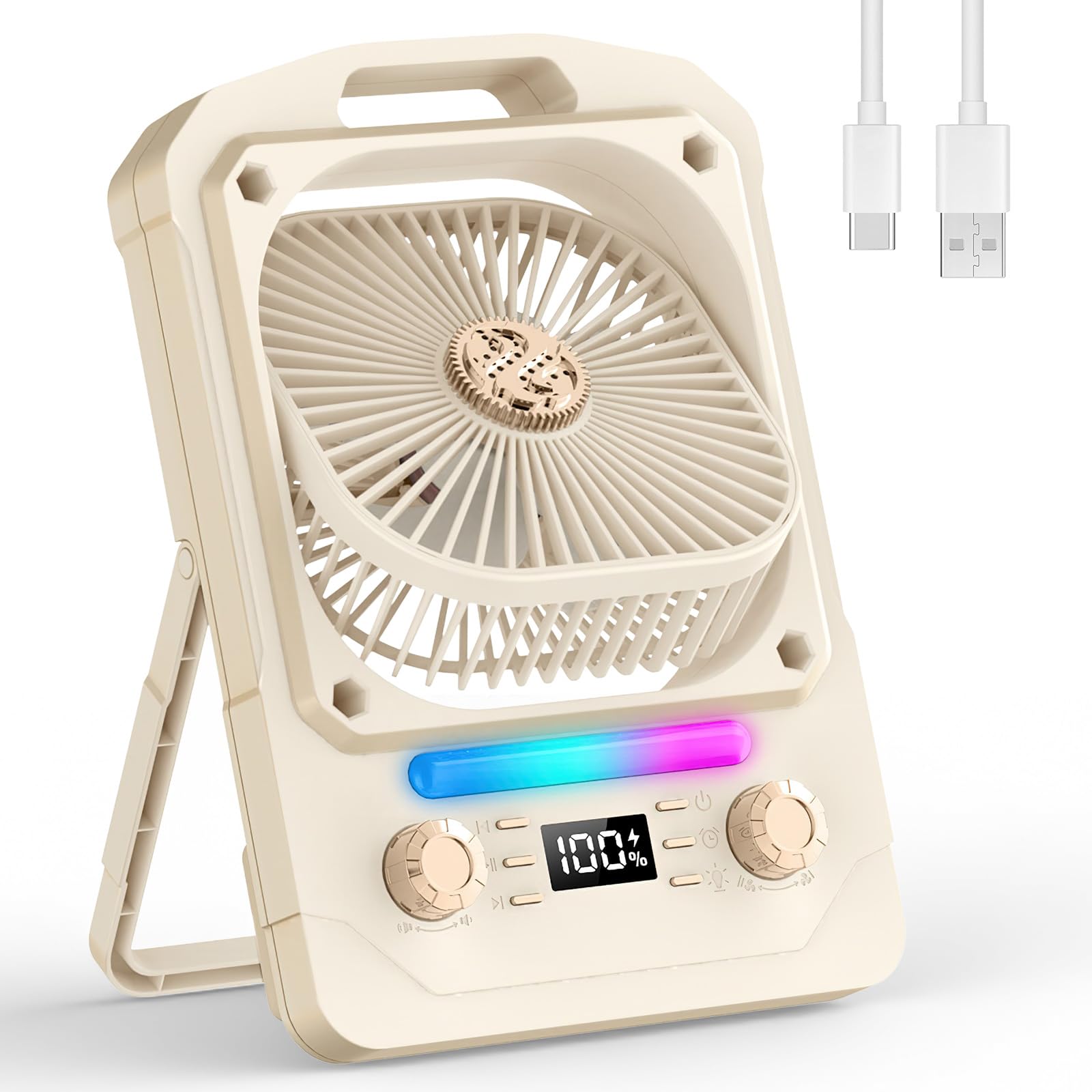 Ventilateur Portable Silencieux 3-en-1, Mini Ventilateur de Bureau avec 100 Vitesses, Lumière LED 7 Couleurs, Minuteur de 8 heures, Enceinte Bluetooth, Ventilateur USB pour Camping, Maison, Voyage