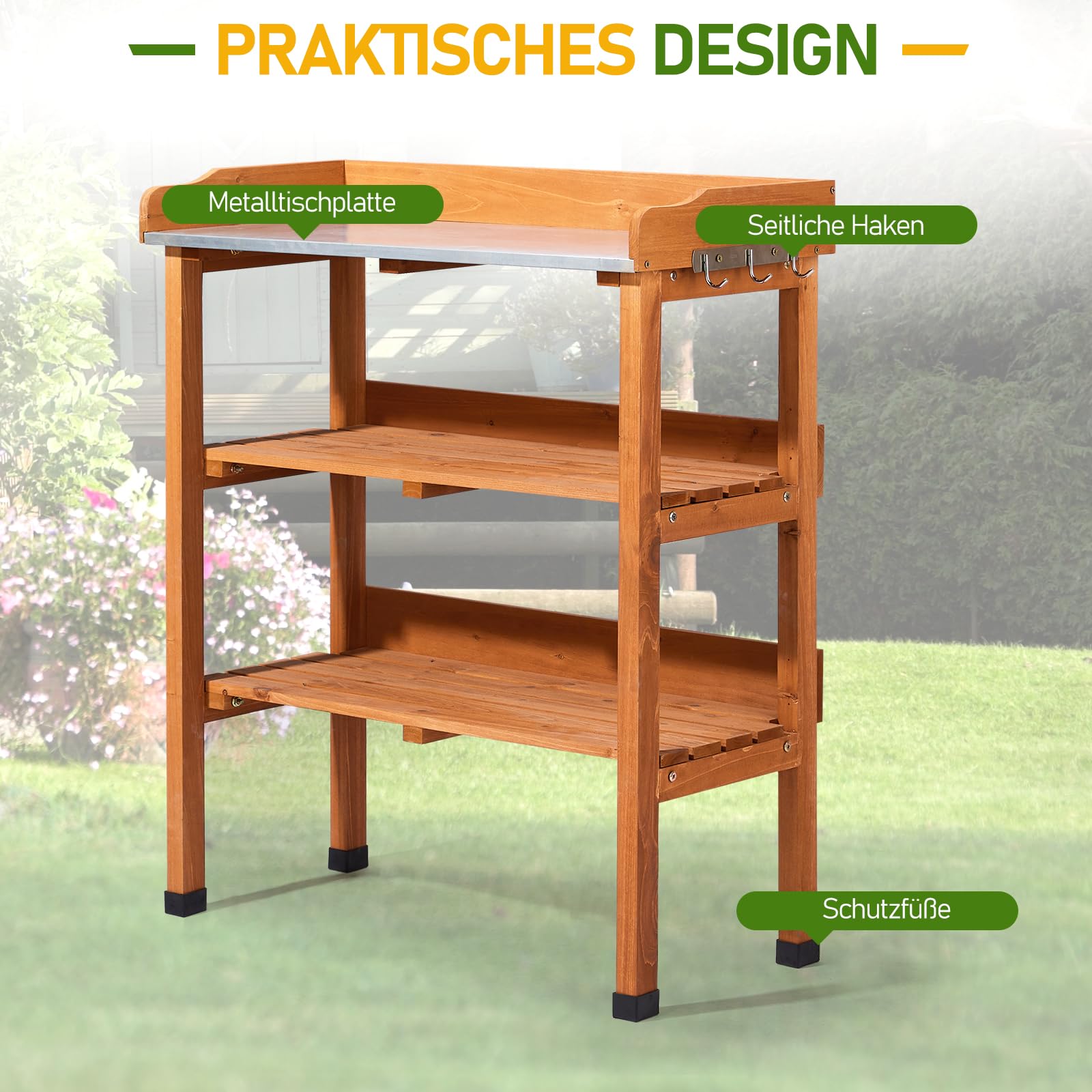 LEADZM Pflanztisch Outdoor wetterfest 74 x 36 x 90 cm - Verzinkte Arbeitsplatte, zweistufiges Regal und 3 Haken, pflanztisch für Garten/Balkon/Terrasse (Holzfarbe)