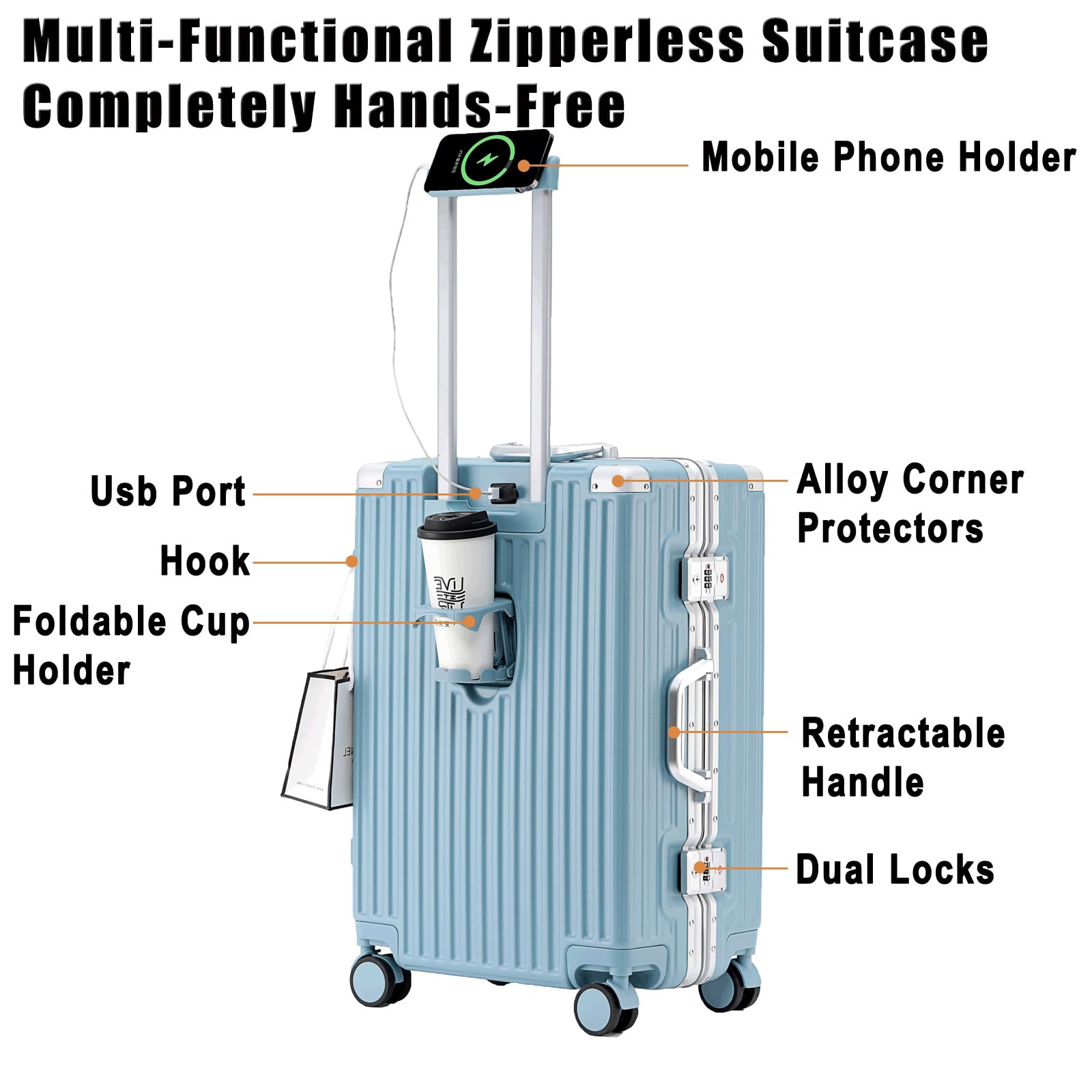 Valise De Voyage Roulette Suitcase Valise Cabine Valise Moyenne Taille Valise sans Fermeture Éclair avec Porte-Gobelet, Support pour Téléphone Portable Et Port De Charge USB,Bleu,26in