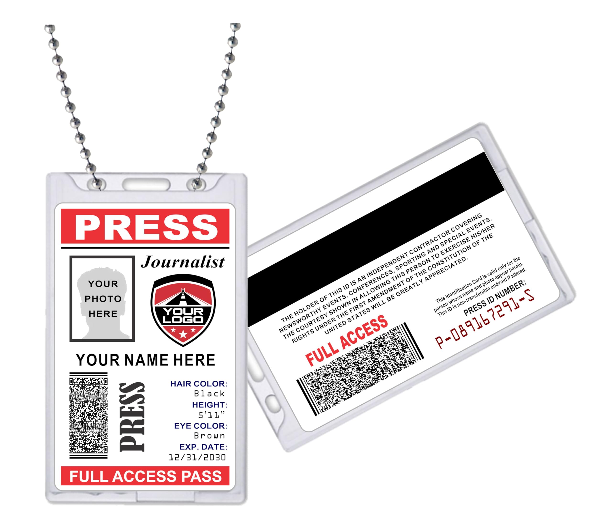 Press Pass ID Card - (Customizable) Upload Any Logo - PVC Plastic - Double Sided - Badge Holder & Ball Chain Included - Made in The U.S.A. -