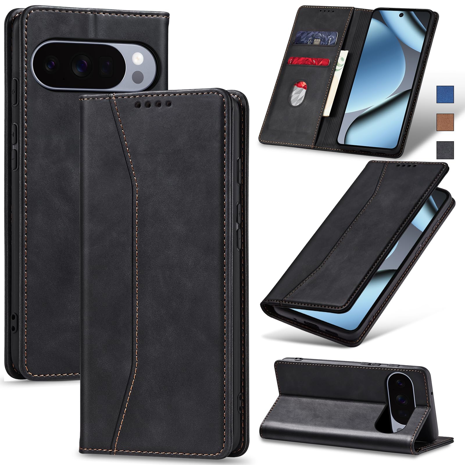 Jasonyu Handyhülle für Google Pixel 10/10 Pro Hülle Leder Flip Klappbare Stoßfeste Magnetische Premium PU Leder Standfunktion Kartenfächern Schutzhülle Klapphülle,Schwarz