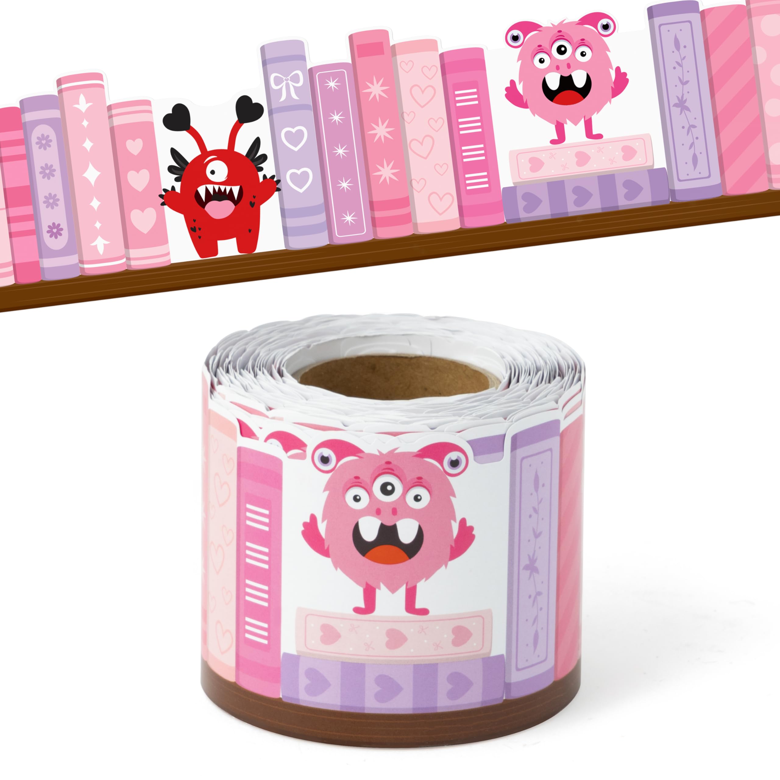 BeYumi Monster Bookshelf Border Trim - 65ft Back to School Monster Pink Books Rolled Border Trim Fun Monsters Pink Bookshelf Bulletin Board Set Library Classroom Office Chalkboard Party Decoration