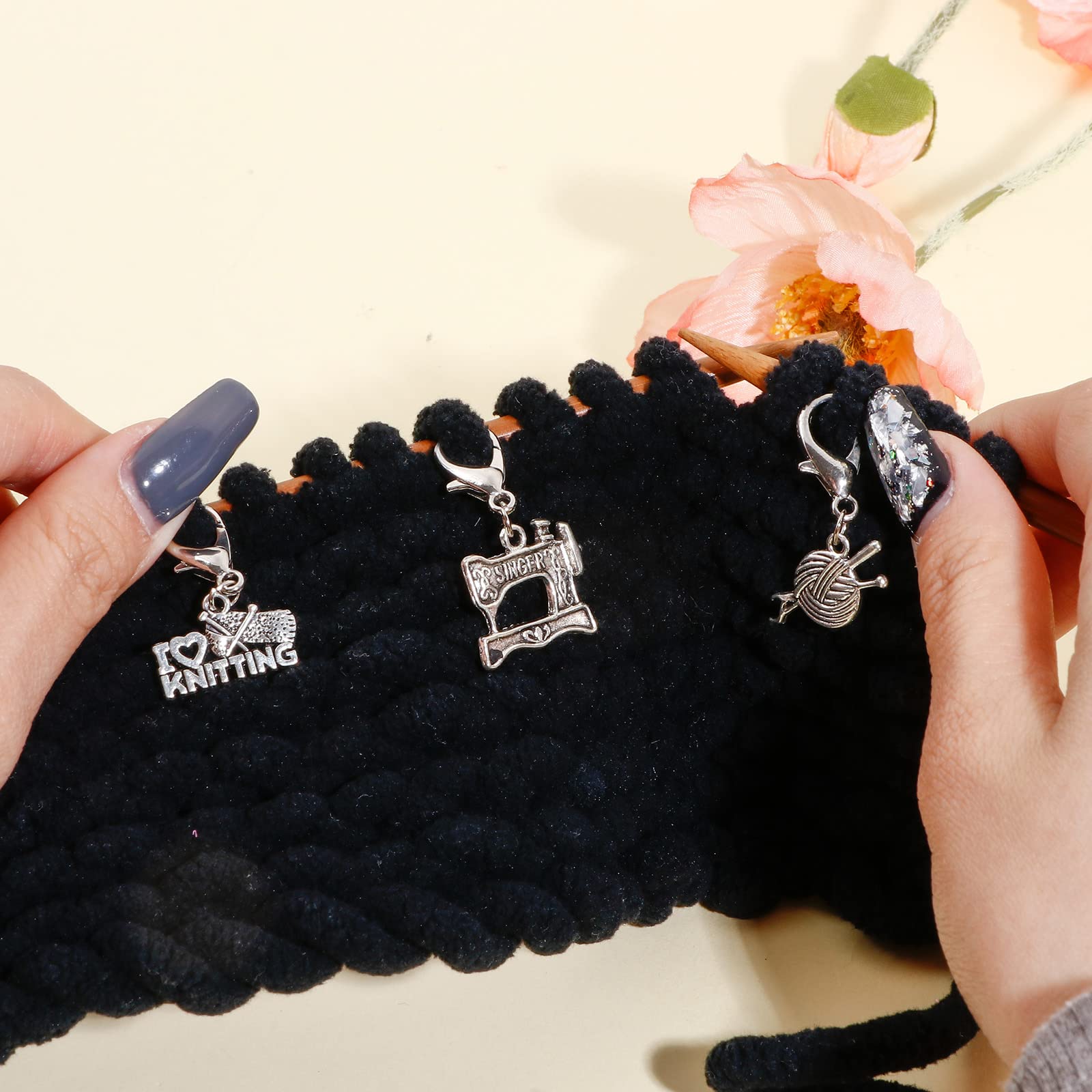 DoreenBeads 12 dijes de marcador de punto temático para ganchillo y tejer, marcador de punto de ganchillo de aleación de bloqueo de plata antigua con cierre de langosta, accesorios de ganchillo para