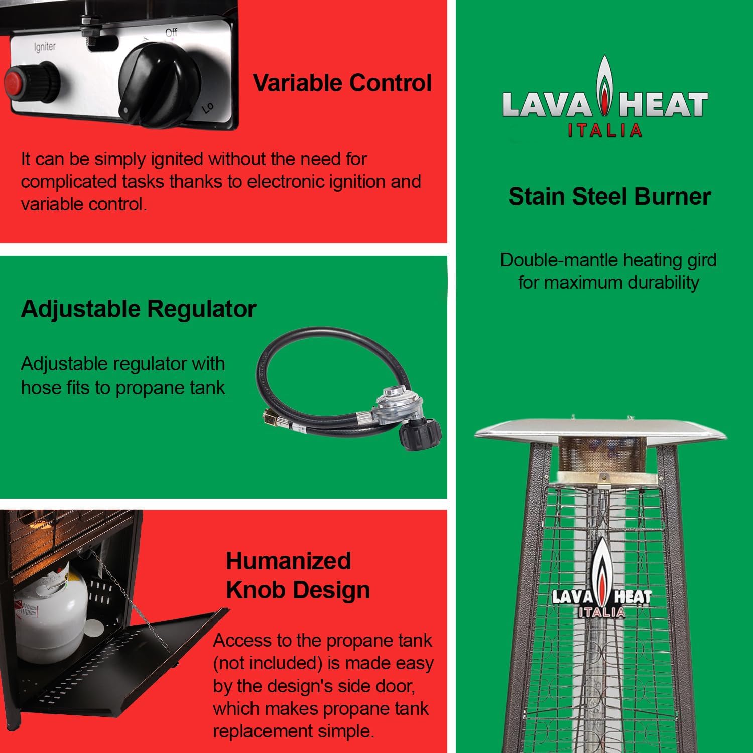 Lava CAPRI A-LINE 42000 BTU Portable Propane Pyramid Patio Heater - 4.75 Inch Glass Tube - 304 Stainless Steel - Triple Protection System - Safety Tilt Switch - 36 Sq. Ft. Heat Range - Heritage Bronze