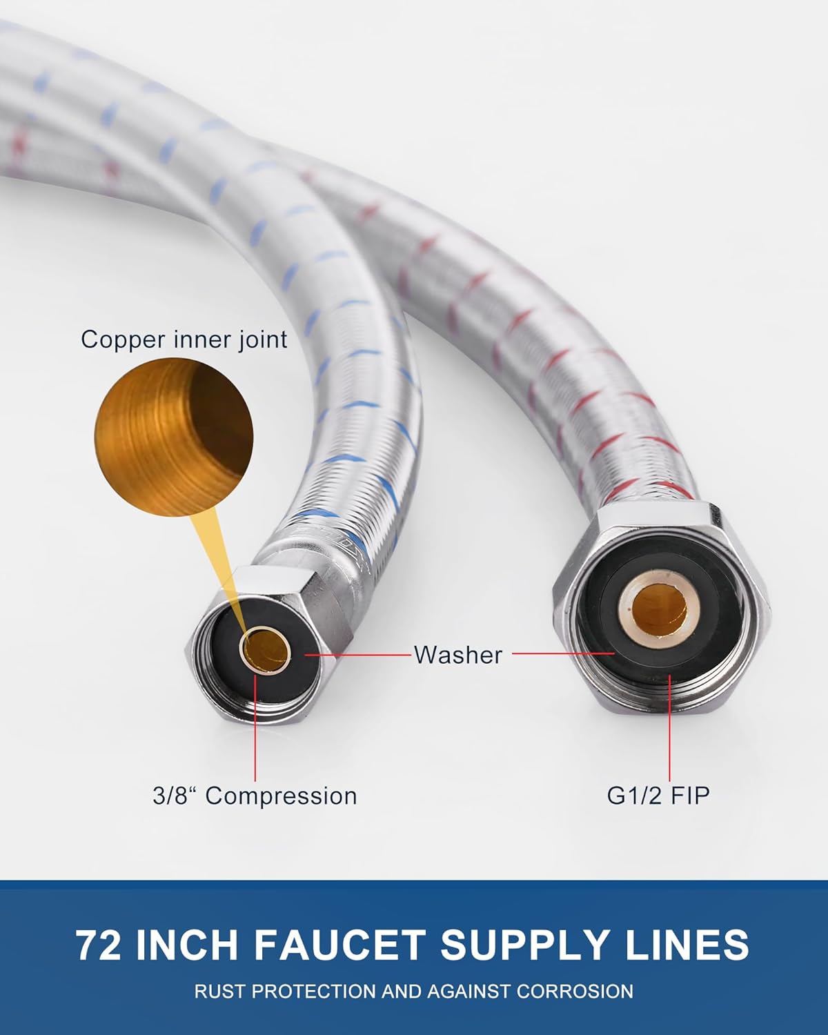72'' Length Faucet Supply Line, Stainless Steel Braided cUPC Sink Hose with G1/2" FIP x 3/8" Compression Supply Hose for Sink Faucet Bathroom Kitchen Faucet Connector Water Supply Line 2 PCS