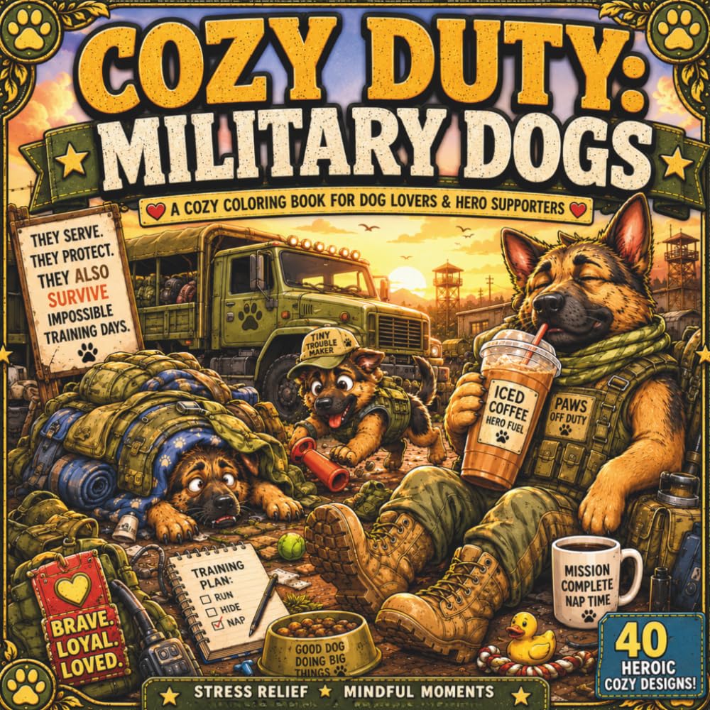 COZY DUTY: MILITARY DOGS: A Funny and Cozy Coloring Book for Tired Service Members and Everyday Heroes