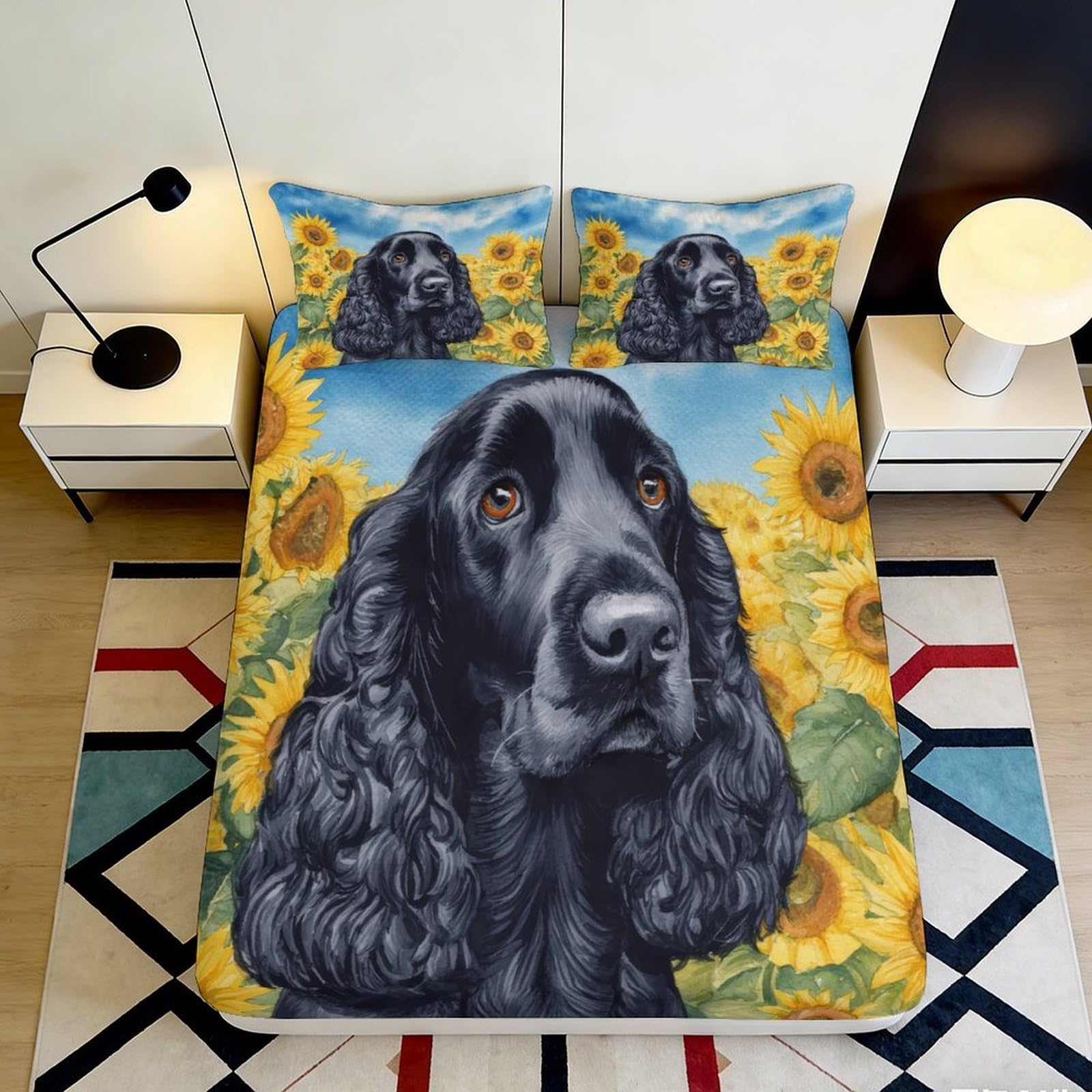 3D Printed Sunflower Dog Fitted Sheet Microfiber Soft Mattress Cover Bedroom Guest Room Decor Anti-Dust Machine Washable 90x200x25cm