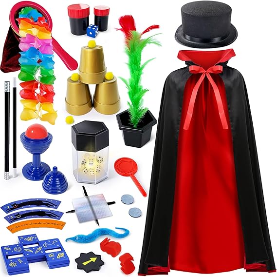 Kids Magic Kit, Magician Costume for Pretend Play, Magic Set with Instructions for Each Trick for Kids Ages 6 7 8 9 10 11 12