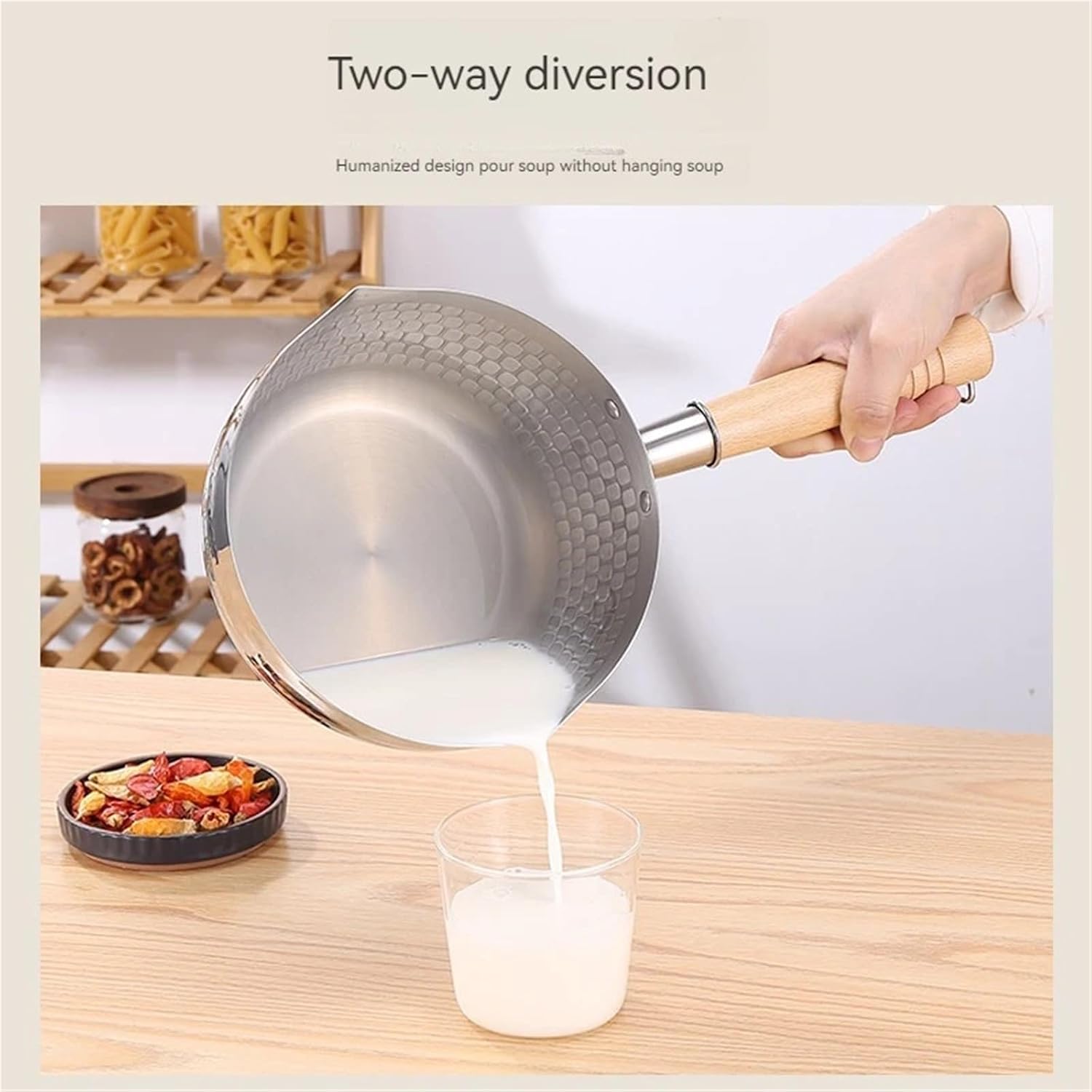 Stainless Steel Milk Pot Stainless Steel Snow Flat Pan Wooden Handle Milk Uncoated Household Supplement Pot Instant Noodles