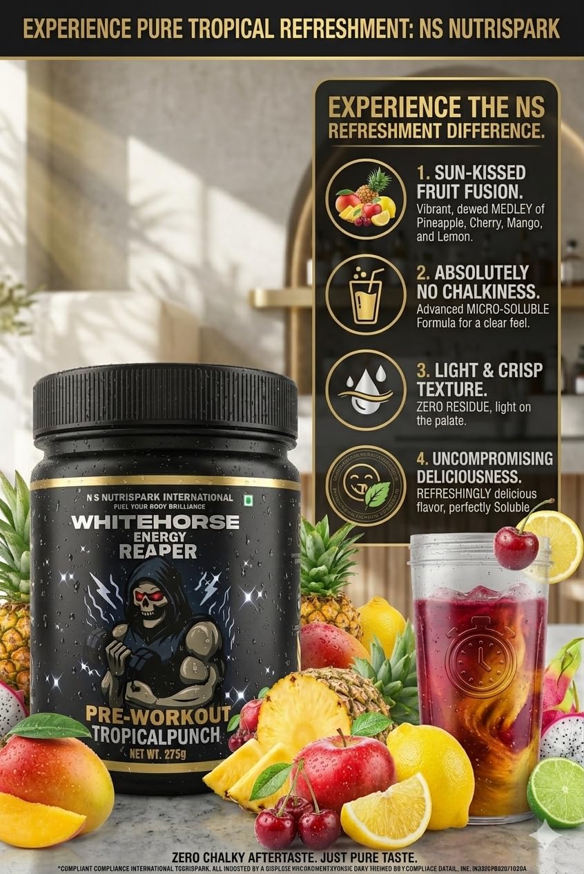 NutriSpark White Horse- Pre work out Workout Supplement with Creatine HCl, Beta-Alanine, Glutamine - Energy and Muscle Management, Unisex-Tropical Punch-275gm 1