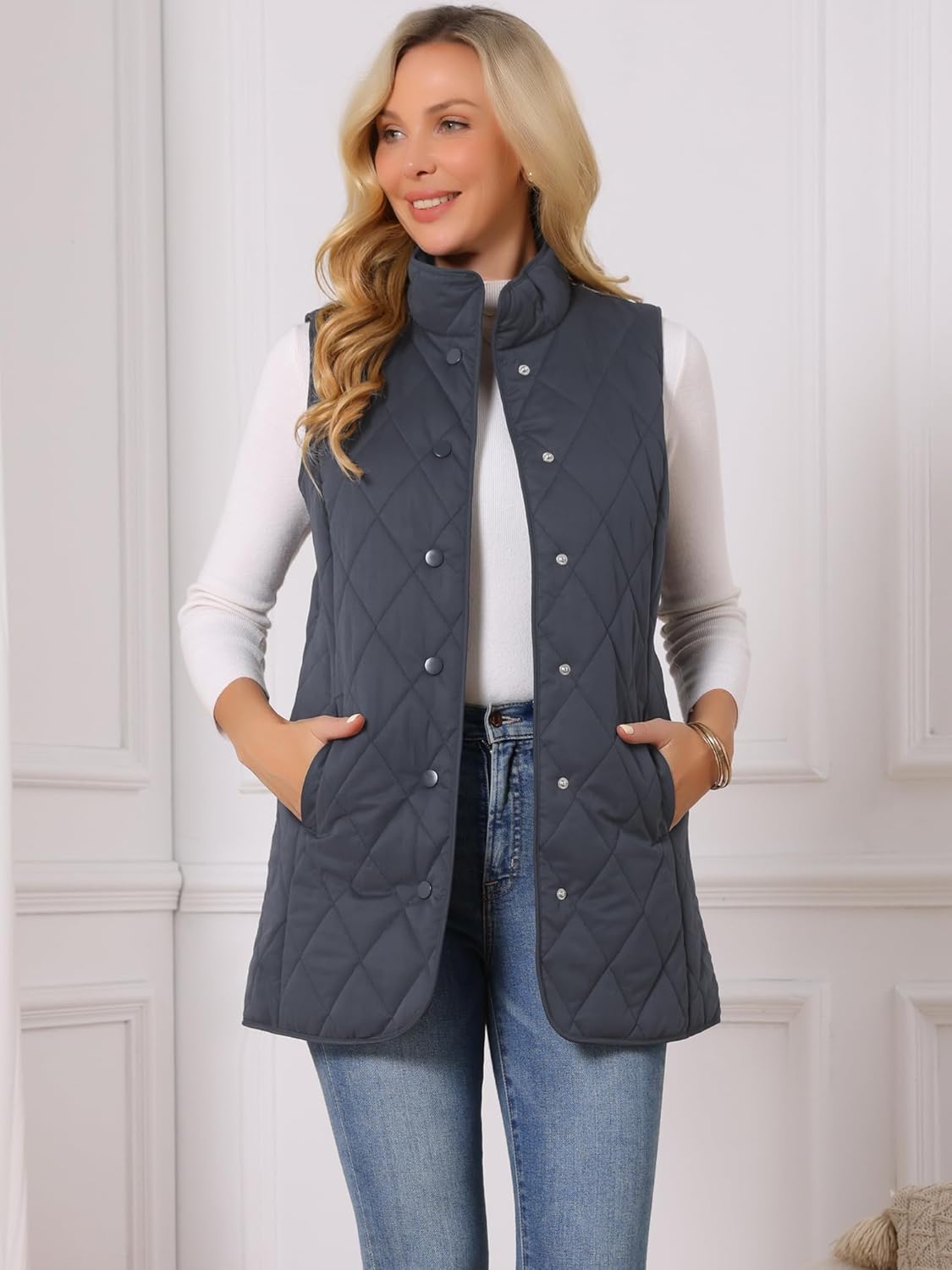 Seta T Women's Long Puffer Vest Stand Collar Sleeveless Puffy Jackets Lightweight Gilet Quilted Warm Coat