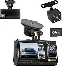 Câmera Veicular 3 Lentes Full HD 1080p, Dashcam Frontal, Interna e Traseira, Tela IPS 3,0 Polegadas, Ângulo 150°, 64GB