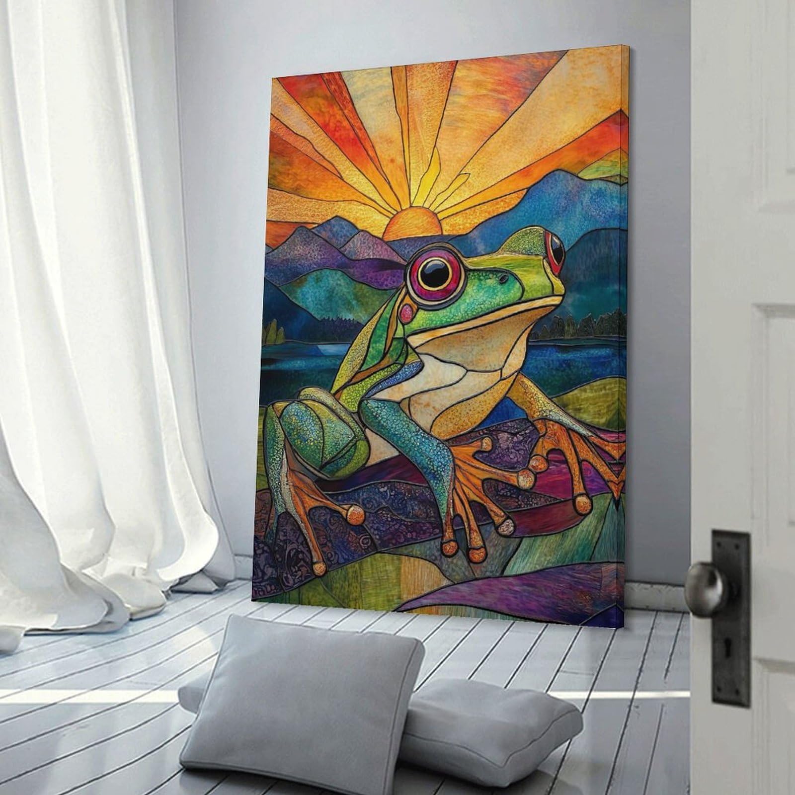 Junmoney Wall Picture Print Stained Glass Frog Sunset, 08x12inch(20x30cm), for Entrance Walls, Hall Decor Or Foyers, A Neat Decor Update for Hallways