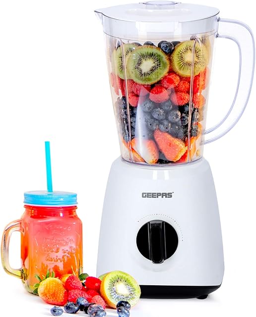 Geepas Electric Blender Smoothie Maker, Jug Blender 2 in 1 - 400W, White | Stainless Steel Blades| 1.5L Jar | Chopper, Coffee Grinder Smoothie Milkshake Maker,1 pack