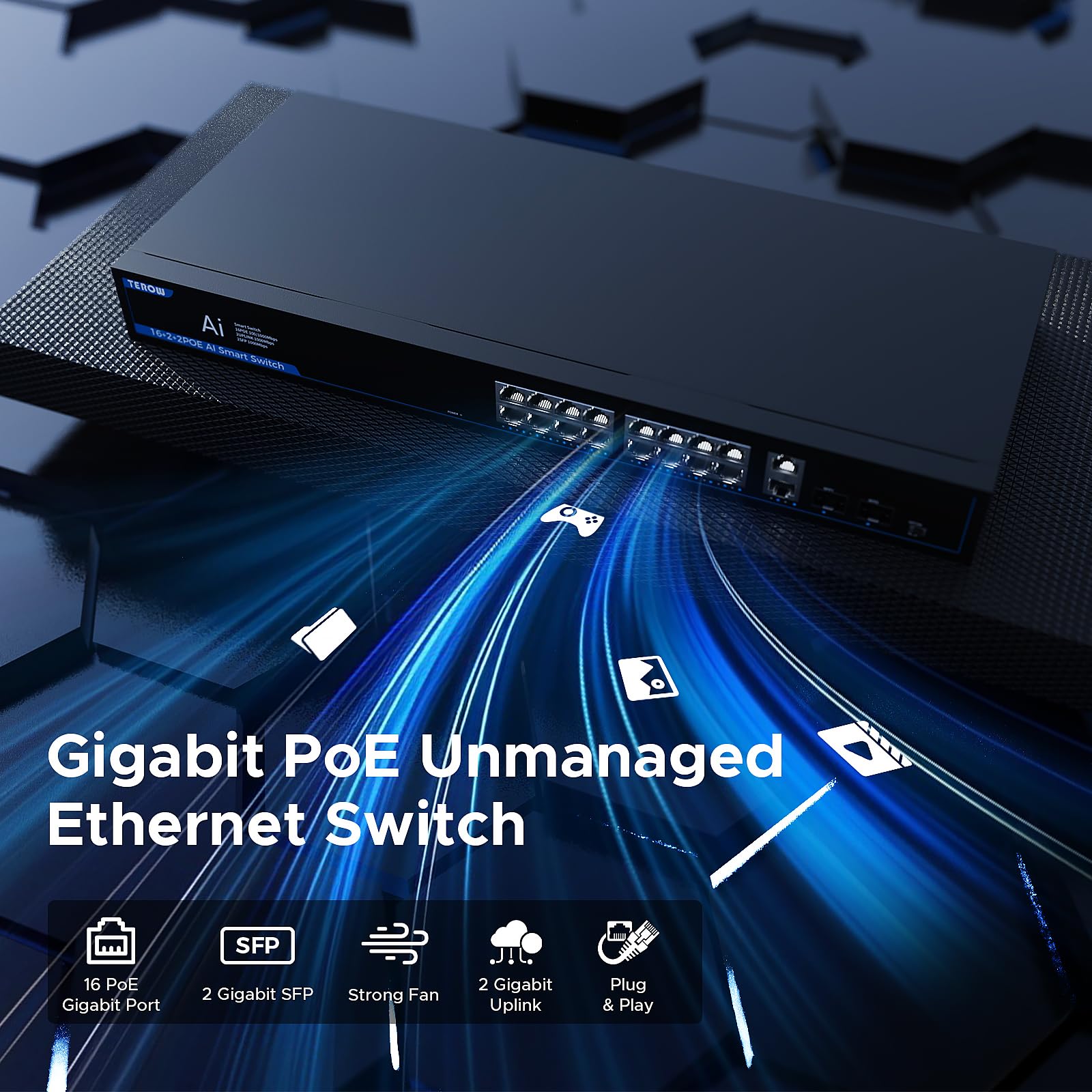 Switch di rete Gigabit a 20 porte con 16 porte PoE e 2 slot Uplink e 2 SFP - Conforme 802.3af/at, Plug & Play, ottimizzazione del traffico, design silenzioso senza ventola