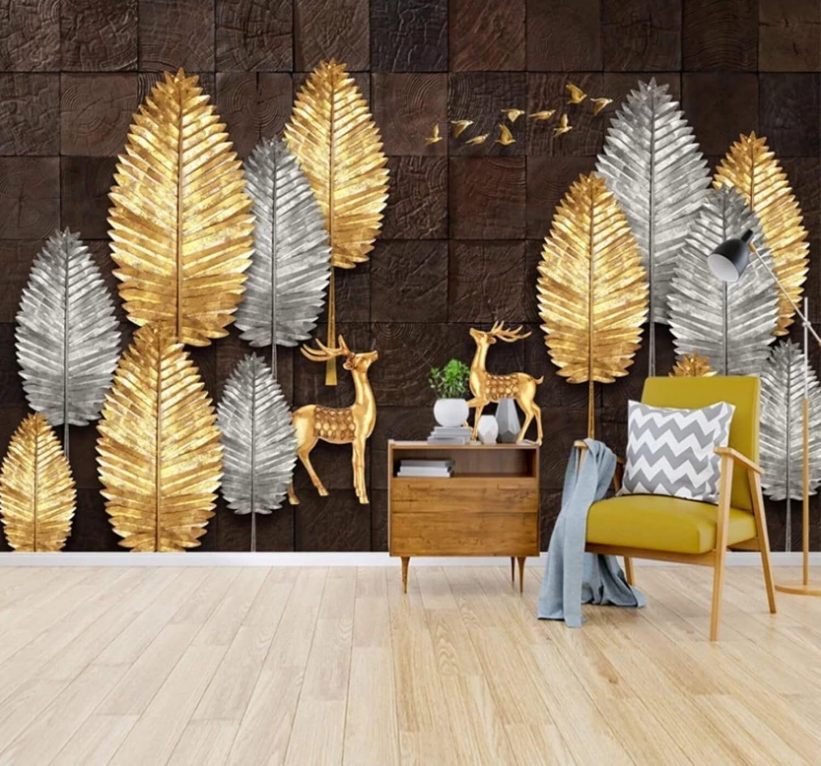 XLMING Vintage Wood Grain Gold Leaves Reindeer Birds 3D Wallpaper Luxury Home Dining Decor Paste Sofa Living Room The Wall for Bedroom Mural-430cm×300cm
