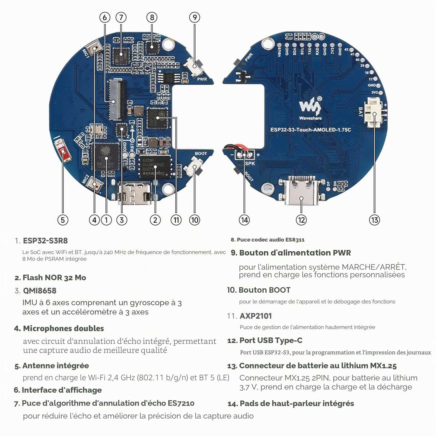 Waveshare ESP32-S3 1.75inch AMOLED Round Touch Display Development Board, 466x466 Resolution, Aluminum Alloy Case, Onboard Dual Microphones Array, Portable Mini Display