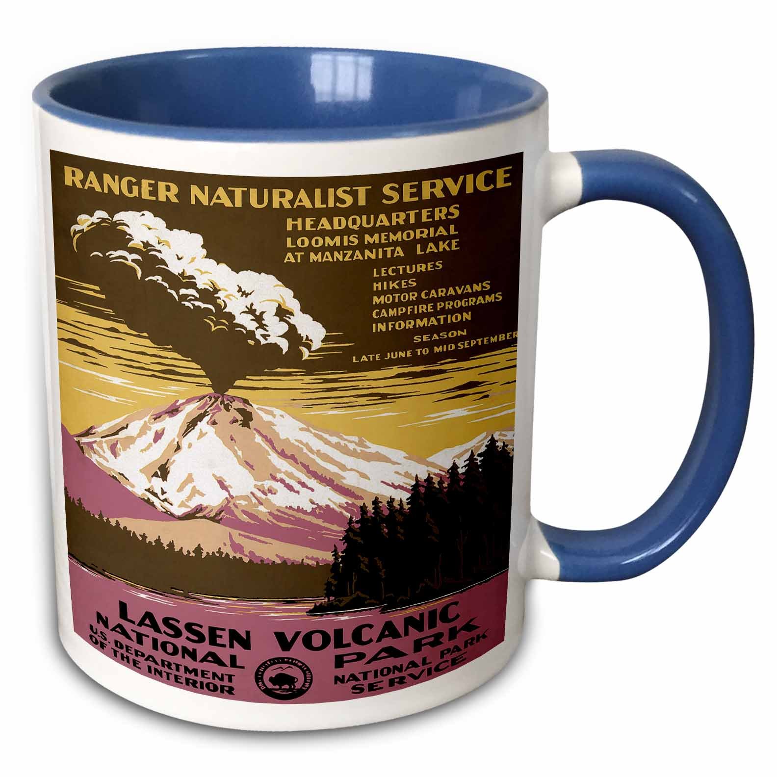 3dRose 171295_6 Lassen Volcanic National Park with Erupting Volcano WPA Poster Two Tone Mug, 11 oz, Blue