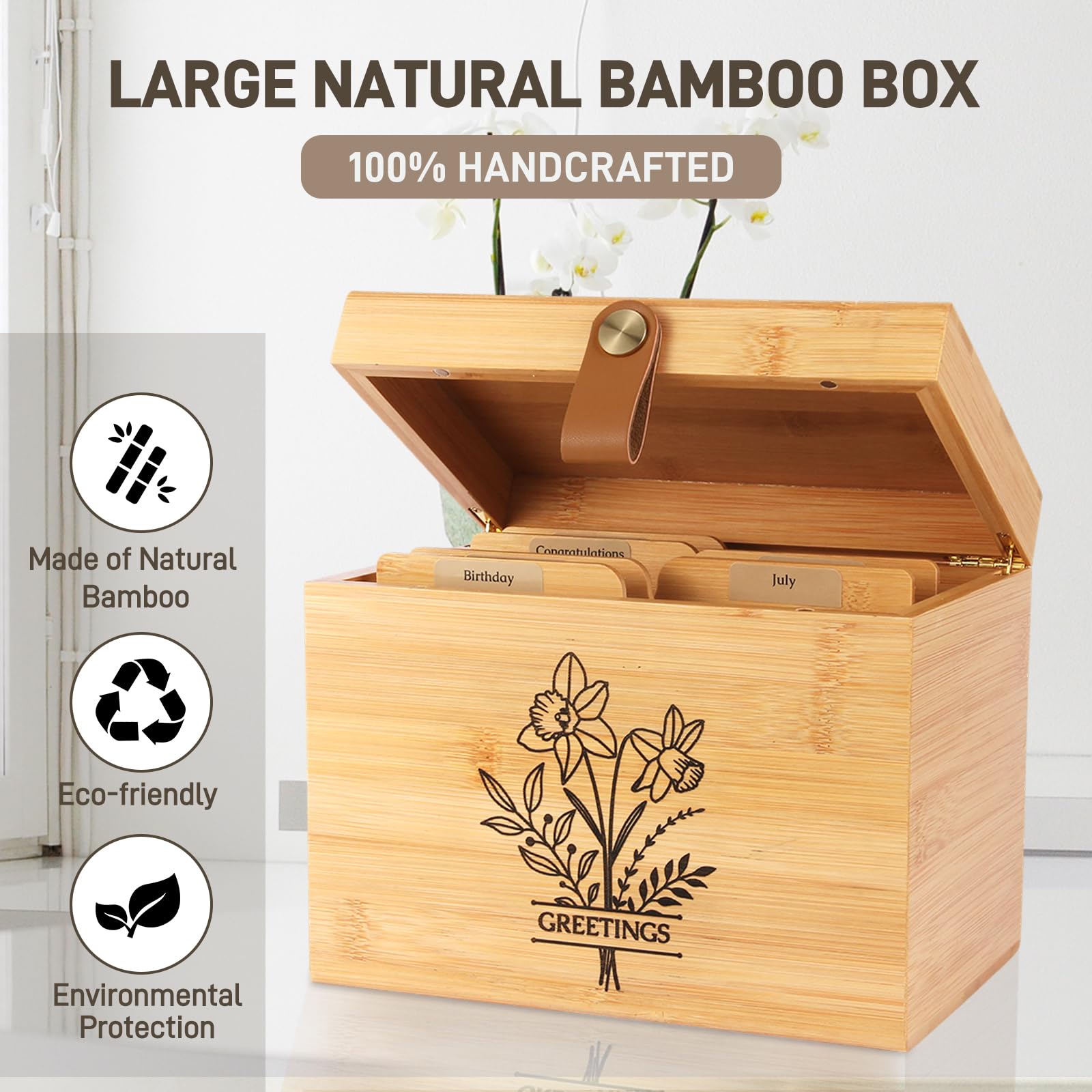Large Bamboo Greeting Card Organizer Box with 6 Removable Dividers, Real Leather Handle, 100% Handmade Solid Bamboo, Storage Box for Christmas, Valentine, & Birthday Cards, Postcards, Stationery