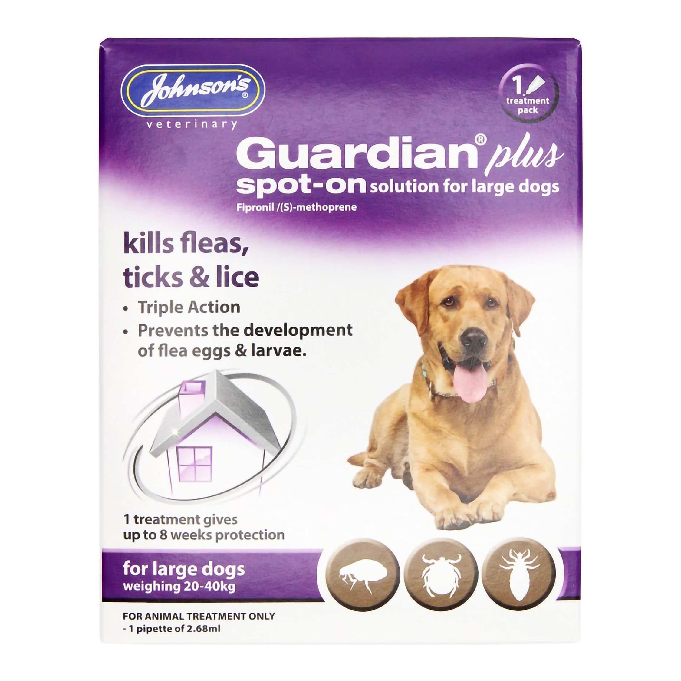 Johnsons Guardian Plus Spot On for Medium Dogs 20kg - 40kg - 1 Treatment, Kills Fleas, Ticks & Lice, Stops Flea Eggs Hatching