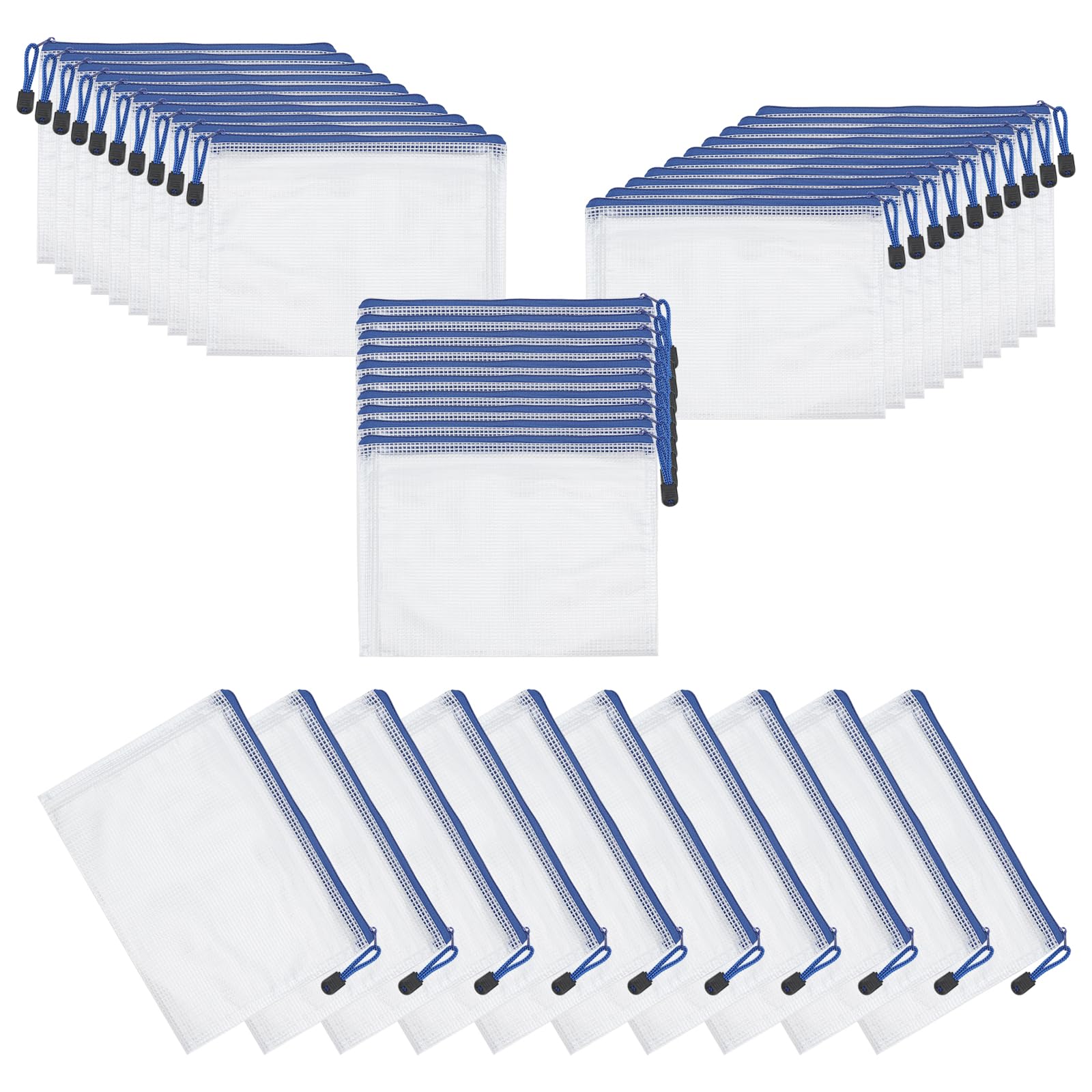 50 Sacchetti Portadocumenti A5 con Cerniera in Rete Trasparente, 24 x 18 cm, per Ufficio Cancelleria e Viaggio, Blu