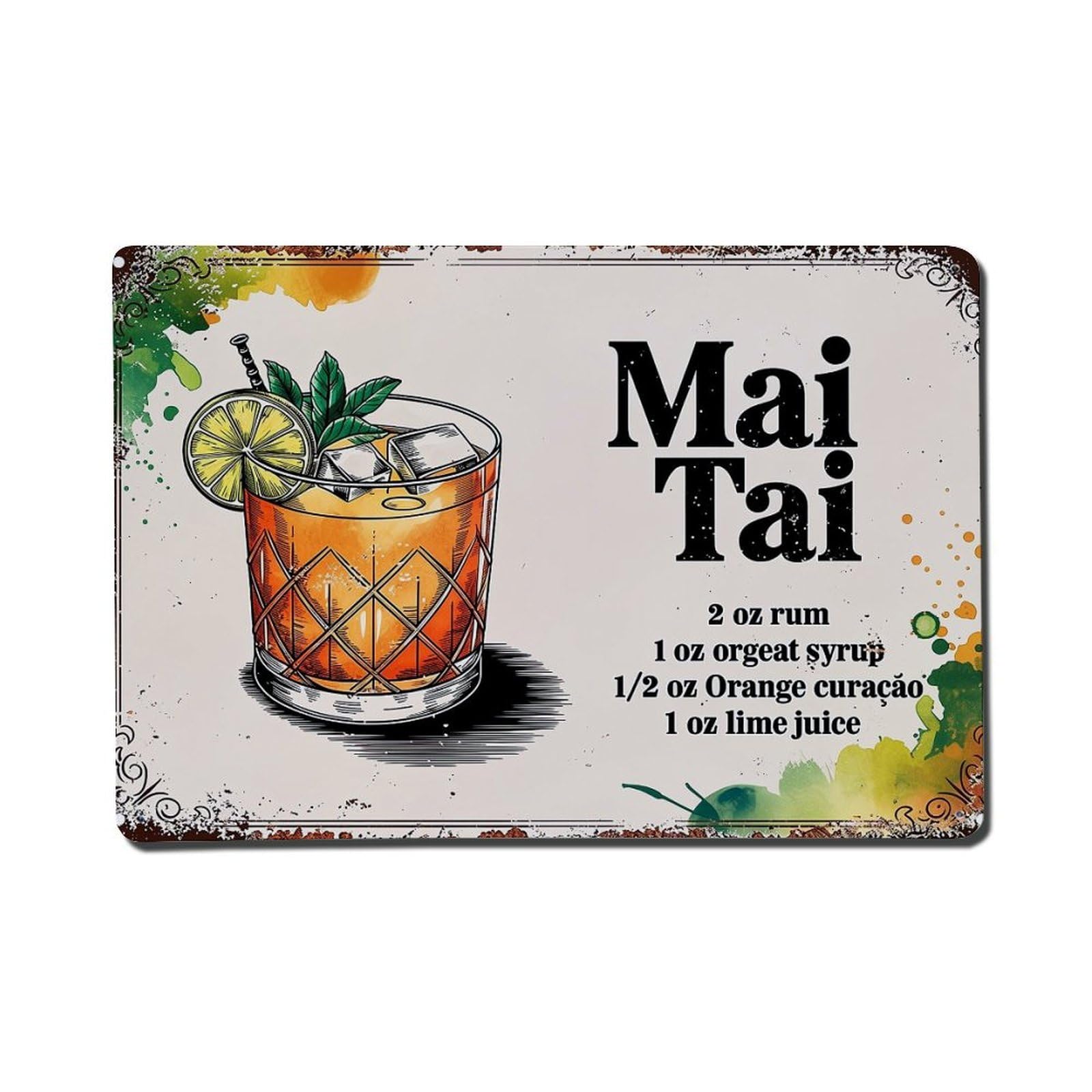 Jdfenggu Vintage Mai Tai Cocktail Recipe Print Retro Metal Tin Sign, Metal Poster For Bar, Home, Man Cave, Kitchen, Laundry Room Art Decor 8X12 Inch