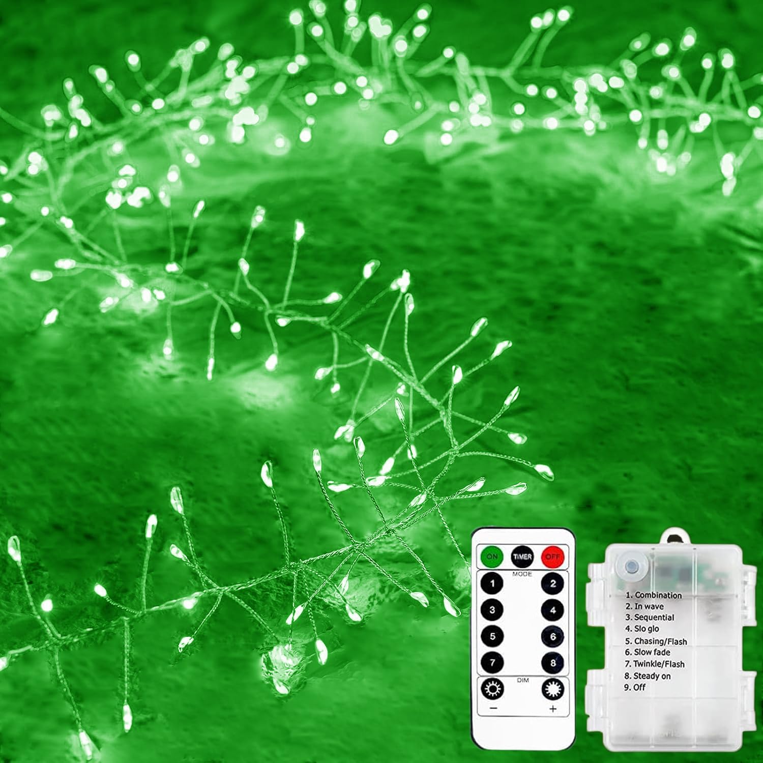 KINGCOO Cluster Fairy Lights with Remote, 29.5FT 300LED Silver Wire Firecracker Garland String Lights Battery Operated with Timer for Outdoor Indoor Bedroom Wedding Christmas Party Decor (Green)
