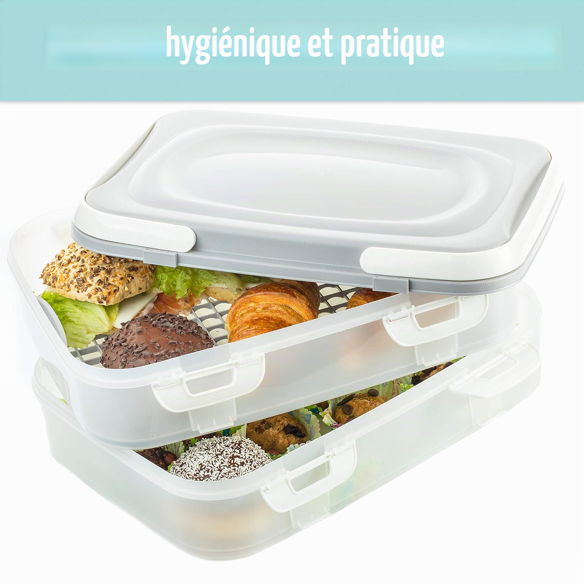 Party conteneurs à gâteau alimentaire Boîte de transport XL avec 2 étages et poignées rabattables gris