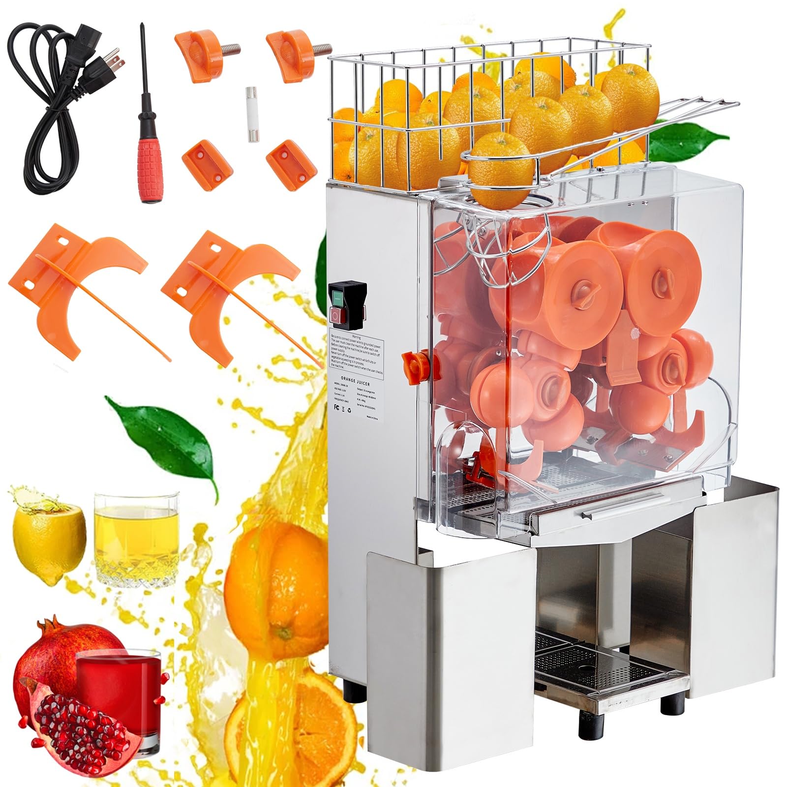 Commercial Juicer Machine, 110V Juice Extractor, 120W Orange Squeezer for 22-30 per Minute, Electric Orange Juice Machine with Pull-Out Filter Box SUS 304 Tank, for Orange, Lemon, Sugar Cane