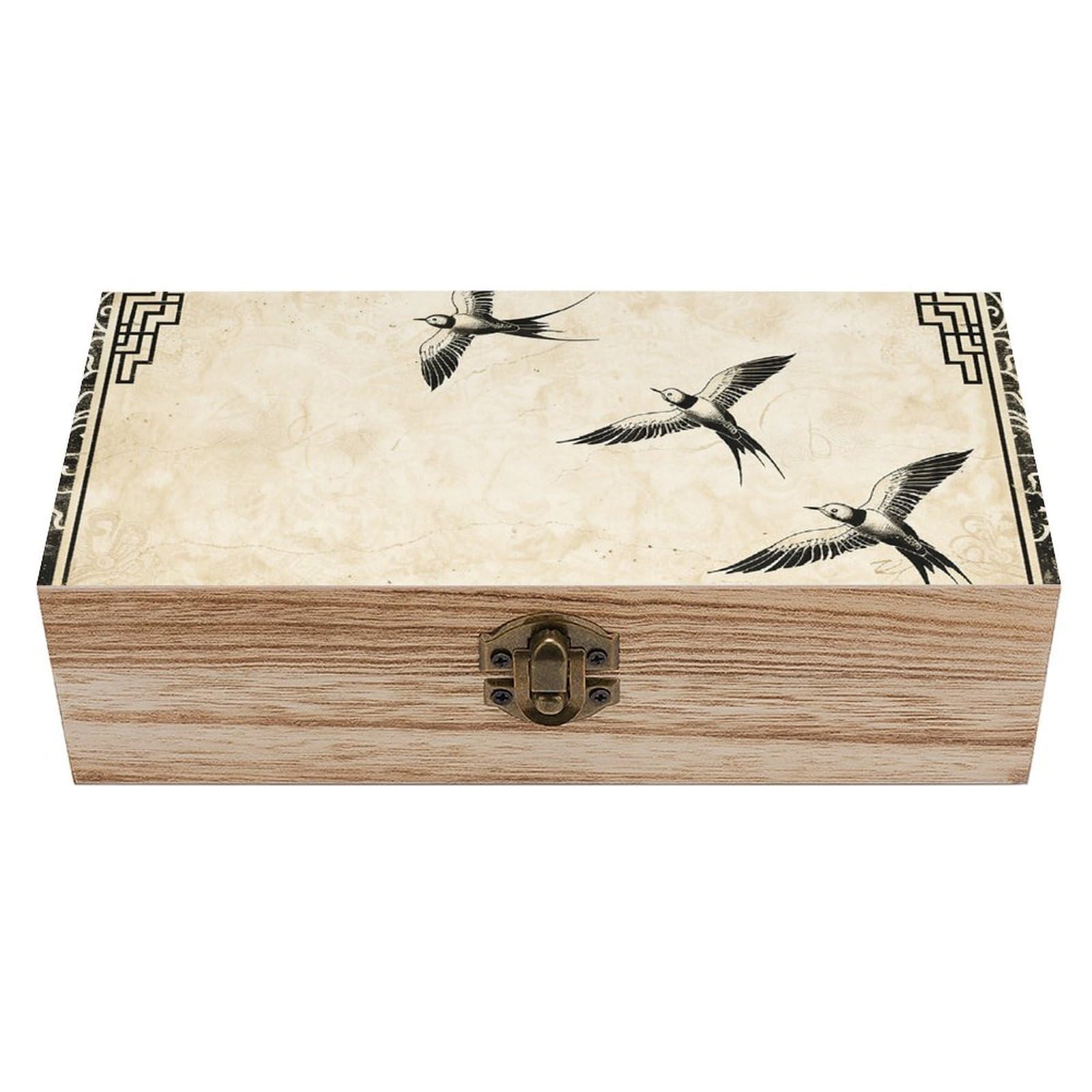 Wooden Storage Box Elements of Ancient Art Wood Gift Box with Hinged Lid Vintage Decorative Jewelry Boxes Memory Box for Jewelry Art Hobbies Home Storage Treasure Keepsake Gift 7.9''x3.9''x2.3''